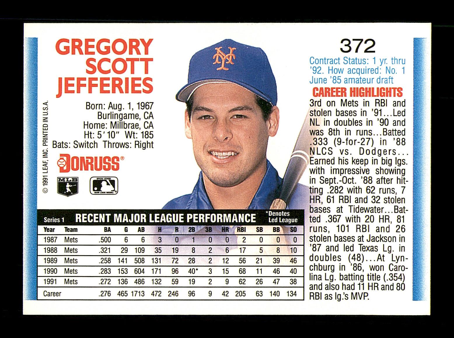 Gregg Jefferies Autographed 1992 Donruss Card #372 New York Mets SKU #184594 - Image 2