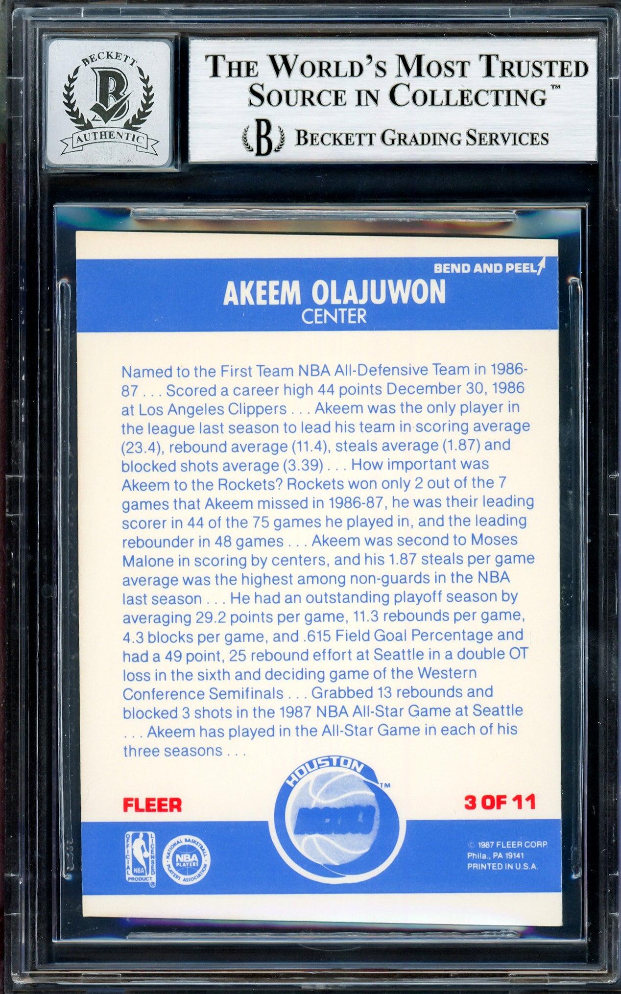 Hakeem Olajuwon Autographed 1987-88 Fleer Stickers Card #3 Houston Rockets Auto Grade Gem Mint 10 Beckett BAS Stock #205733 - Image 2