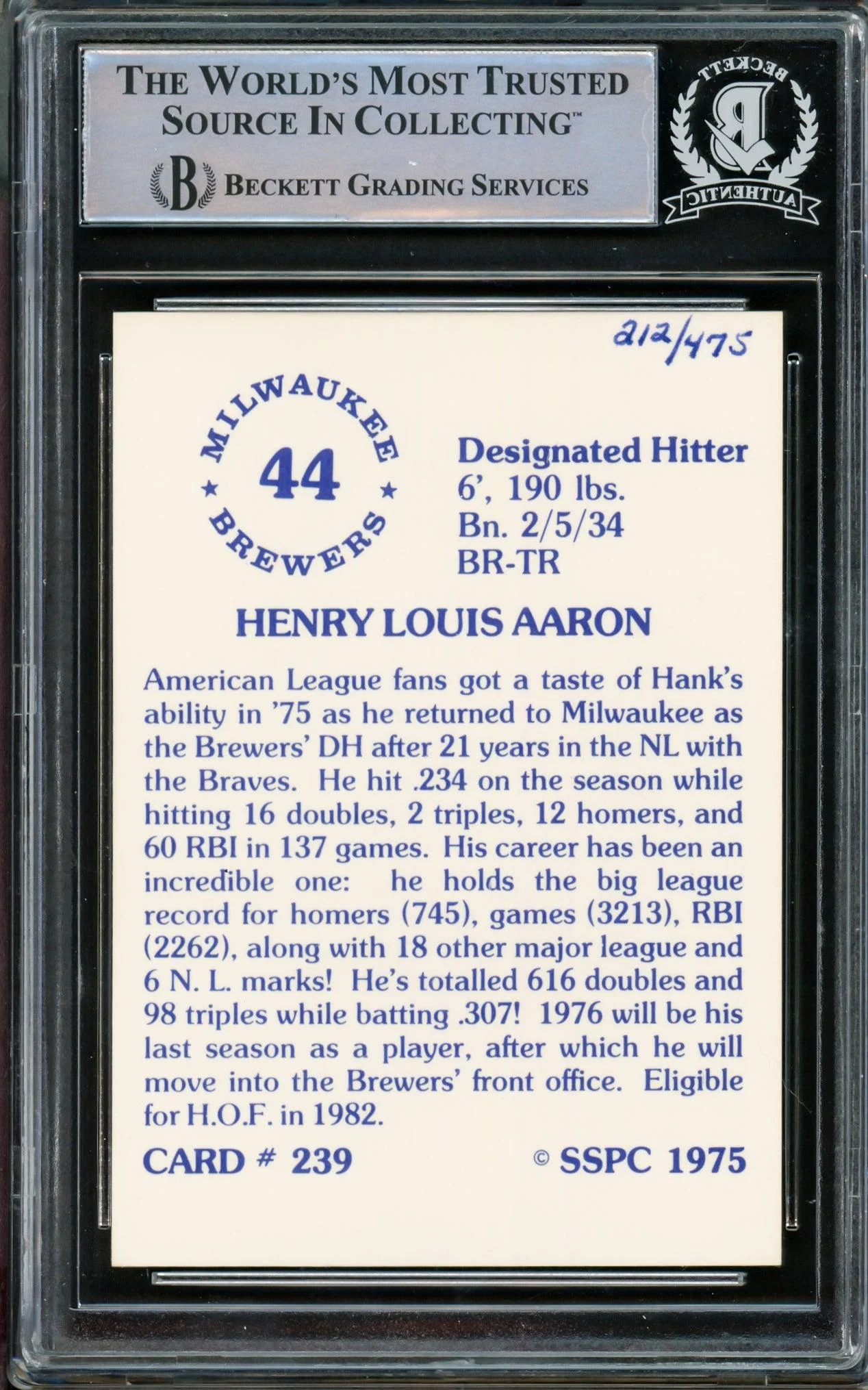 Hank Aaron Autographed 1975 SSPC Card #239 Milwaukee Brewers Beckett BAS #14612284 - Image 2