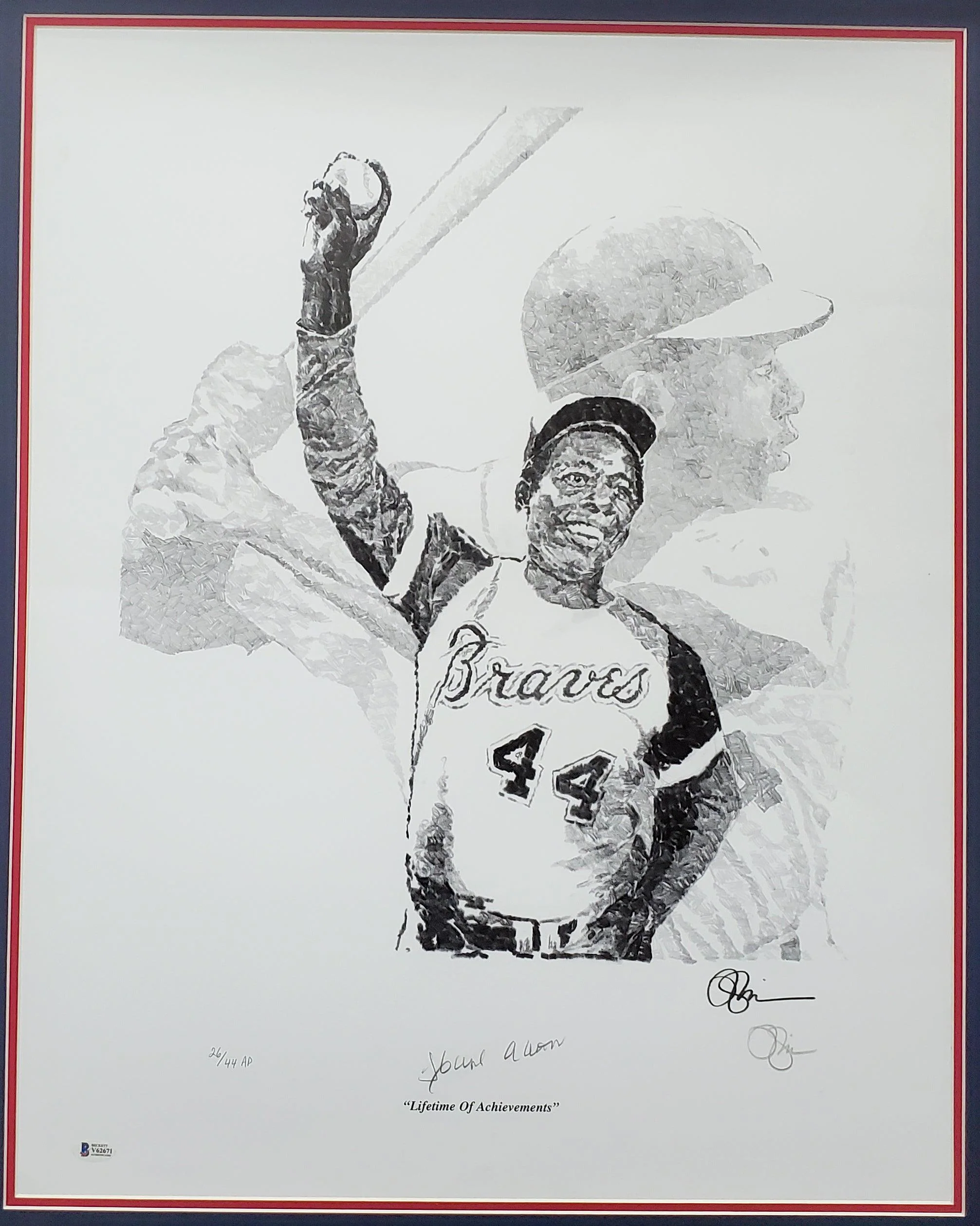 Hank Aaron Autographed Framed 22x28 Lithograph Photo Atlanta Braves Artist Proof #26/44 Beckett BAS #V62671 - Image 2