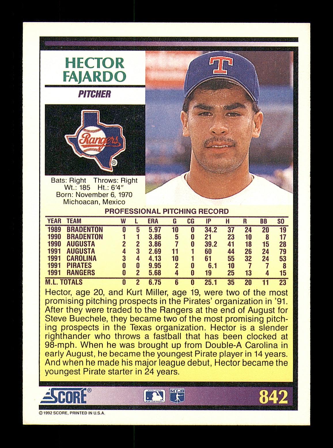 Hector Fajardo Autographed 1992 Score Rookie Card #842 Texas Rangers SKU #183942 - Image 2
