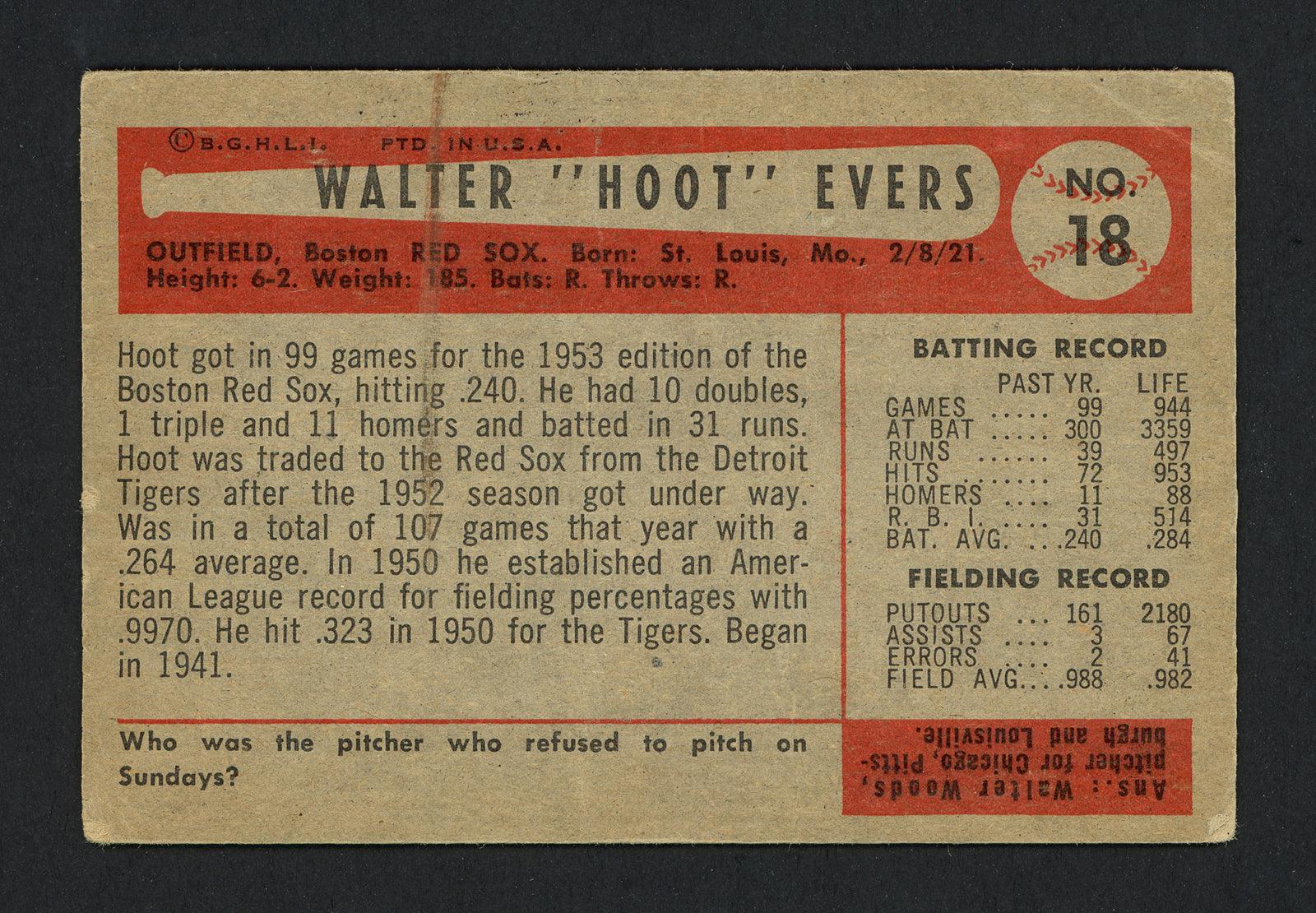 Hoot Evers Autographed 1954 Bowman Card #18 Boston Red Sox (Creases) SKU #162230 - Image 2