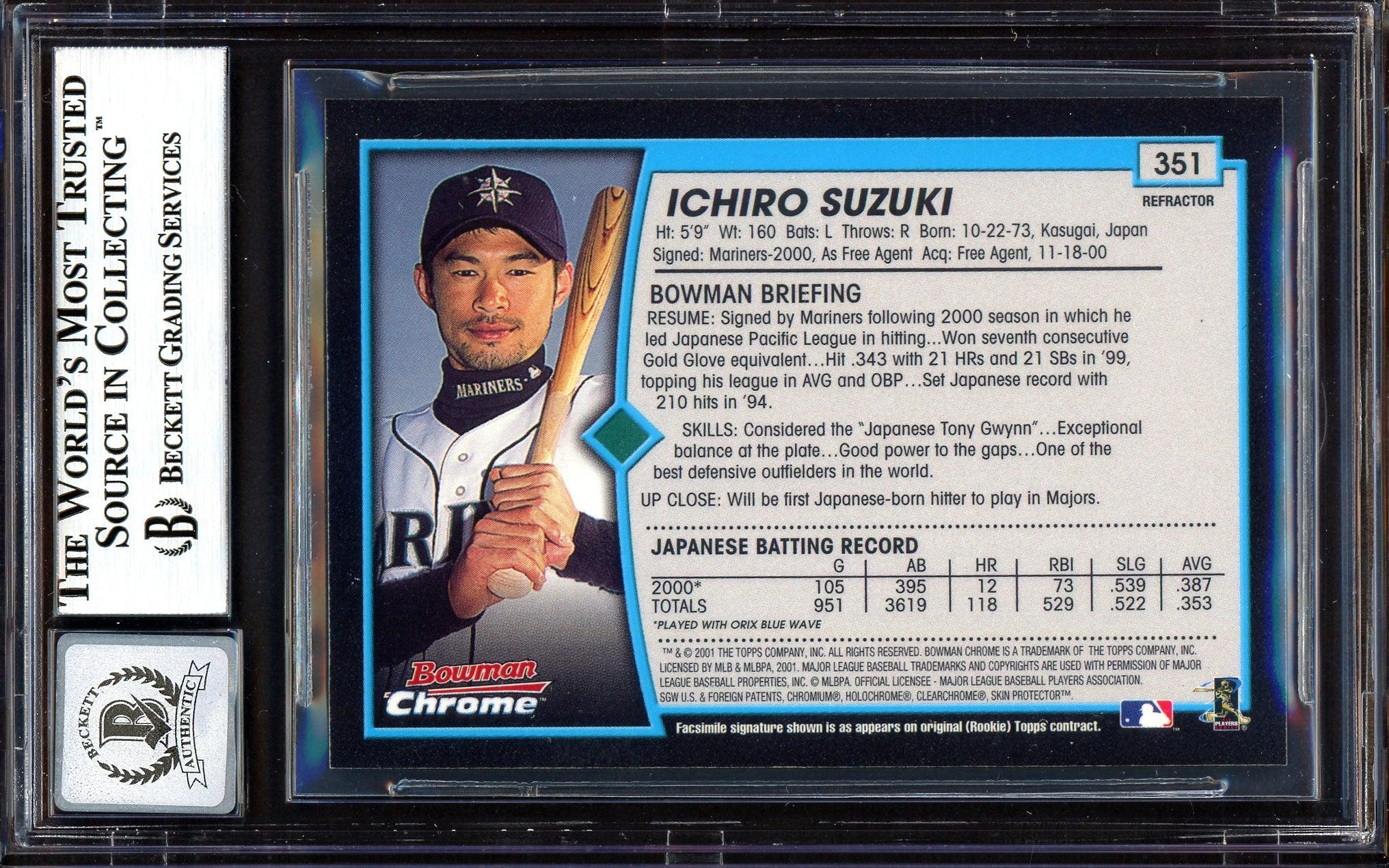Ichiro Suzuki Autographed 2001 Bowman Chrome Refractor English Rookie Card #351 Seattle Mariners Auto Grade Gem Mint 10 "01 ROY/MVP" Beckett BAS #13604572 - Image 2