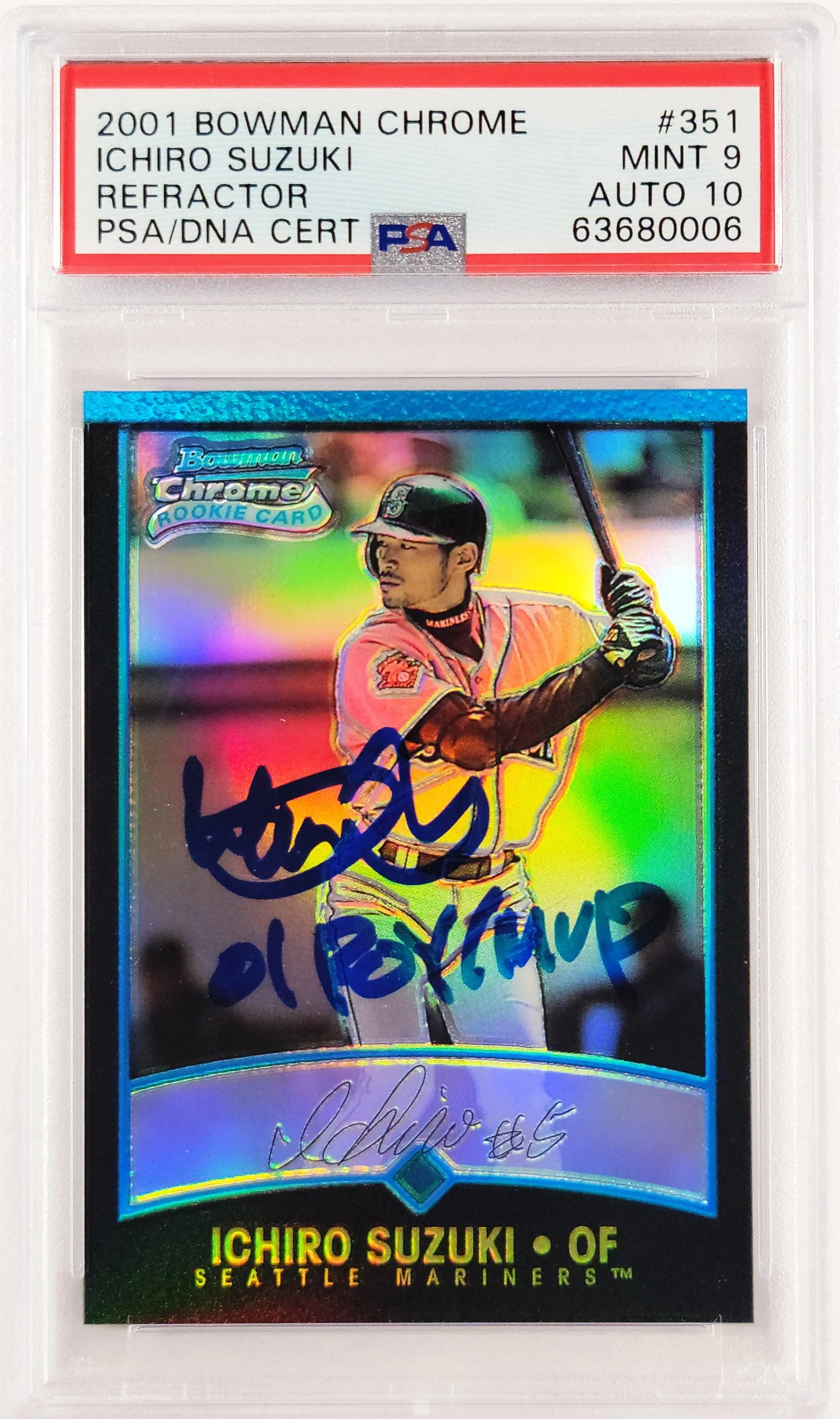 Ichiro Suzuki Autographed 2001 Bowman Chrome Refractor Rookie Card #351 Seattle Mariners PSA 9 Auto Grade Gem Mint 10 "01 ROY/MVP" PSA/DNA #63680006 - Image 2