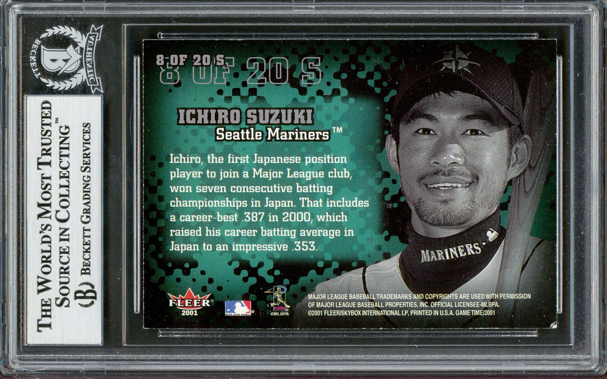 Ichiro Suzuki Autographed 2001 Fleer Game Time Sticktoitness Rookie Card #8 Seattle Mariners Beckett BAS Stock #194177 - Image 2