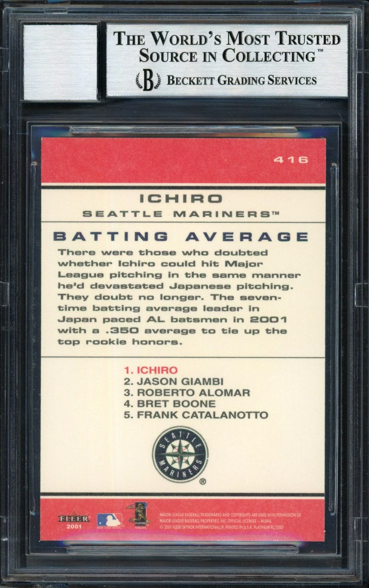 Ichiro Suzuki Autographed 2001 Fleer Platinum Chart Toppers Rookie Card #416 Seattle Mariners Auto Grade 10 Beckett BAS #12490855 - Image 2