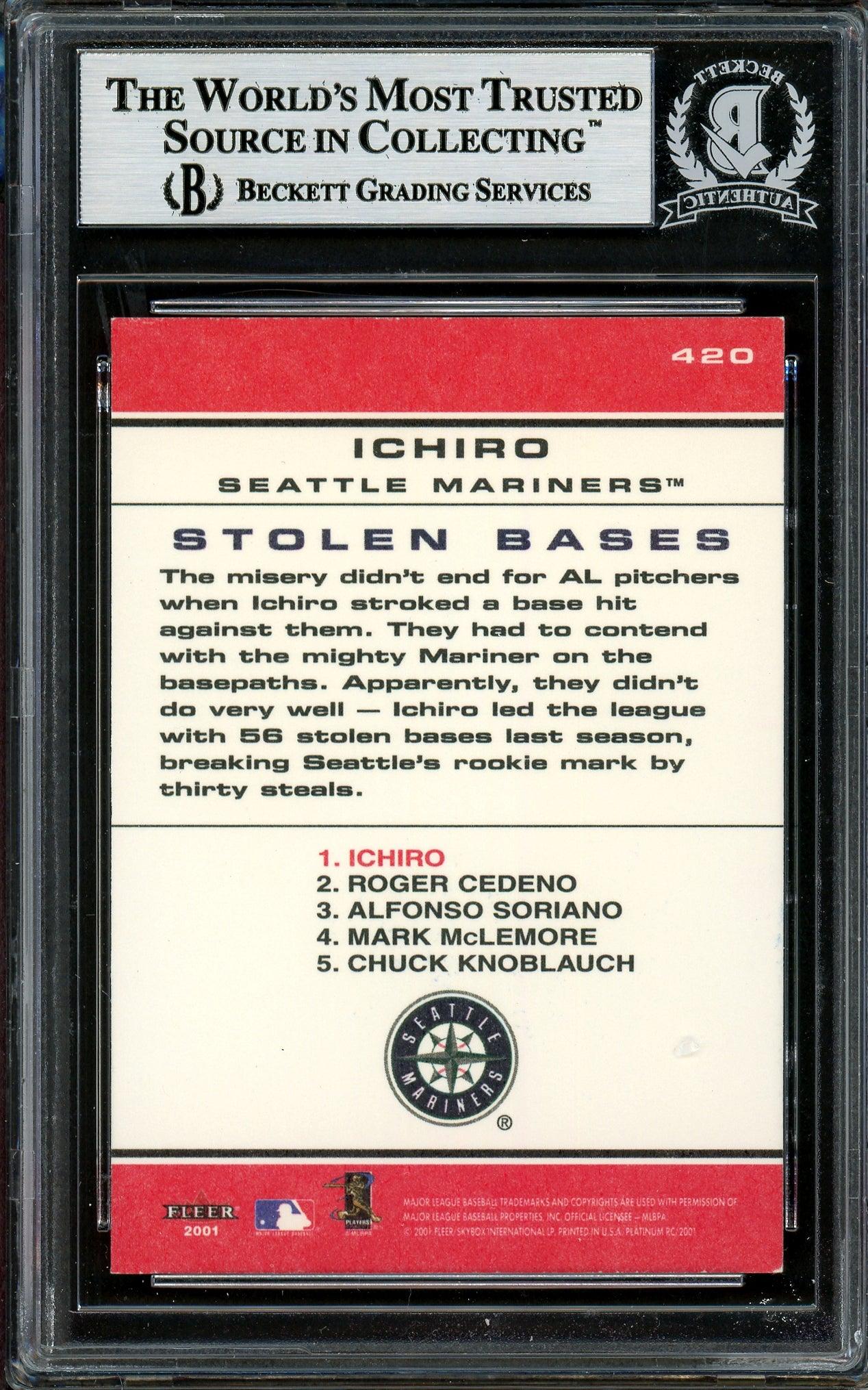Ichiro Suzuki Autographed 2001 Fleer Platinum Rookie Card #420 Seattle Mariners Beckett BAS #12785159 - Image 2
