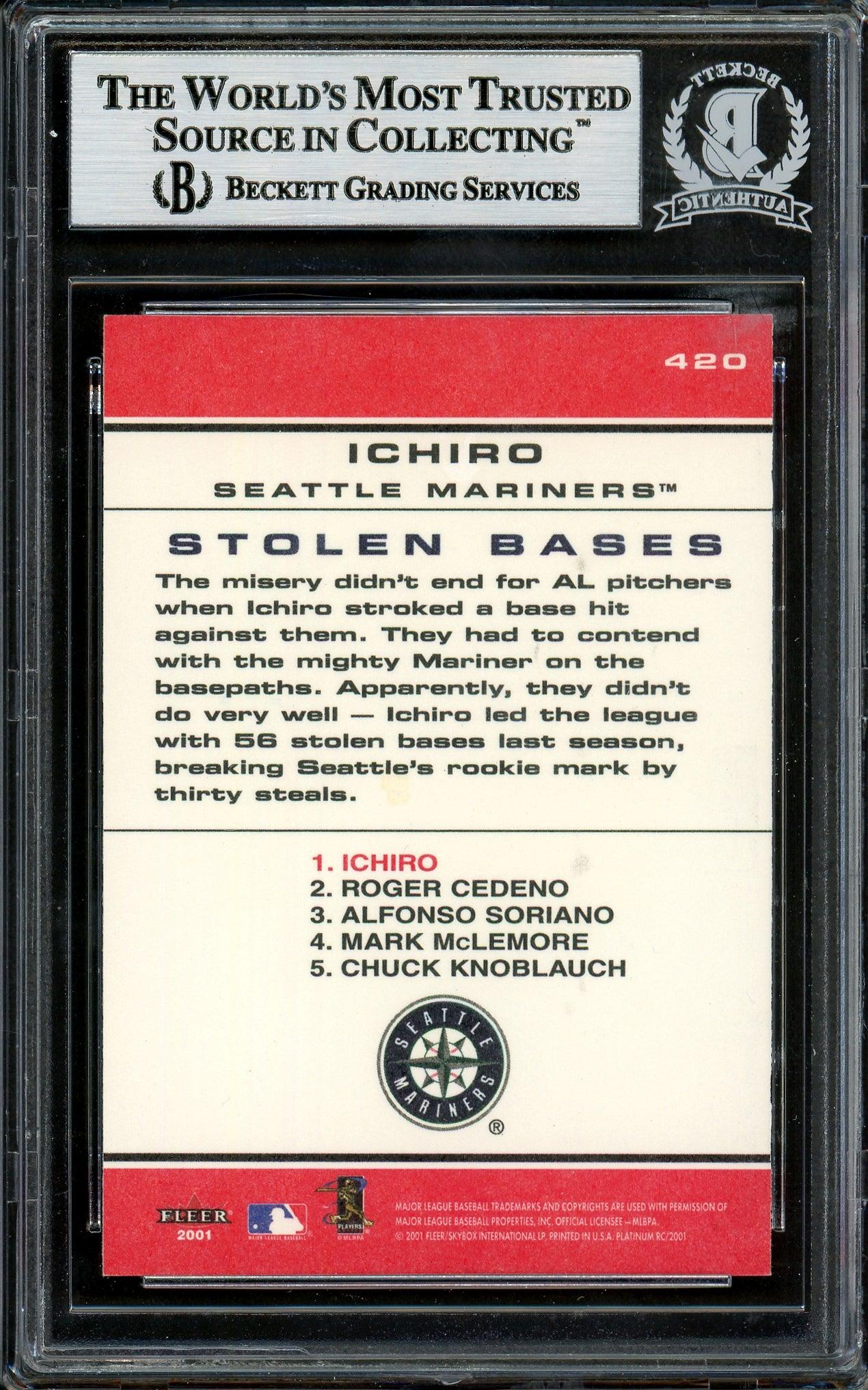 Ichiro Suzuki Autographed 2001 Fleer Platinum Rookie Card #420 Seattle Mariners Beckett BAS #12785160 - Image 2
