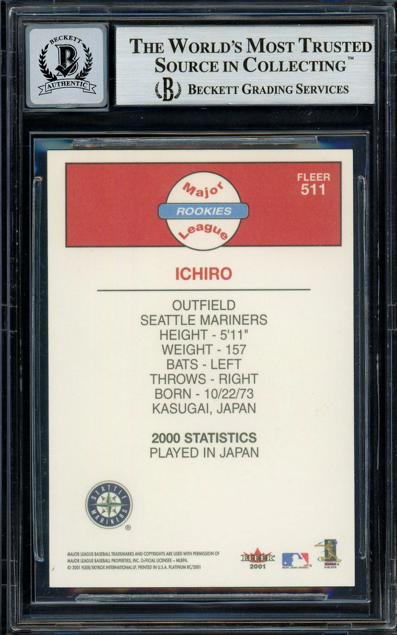 Ichiro Suzuki Autographed 2001 Fleer Platinum Rookie Card #511 Seattle Mariners Auto Grade Gem Mint 10 Beckett BAS #13018309 - Image 2