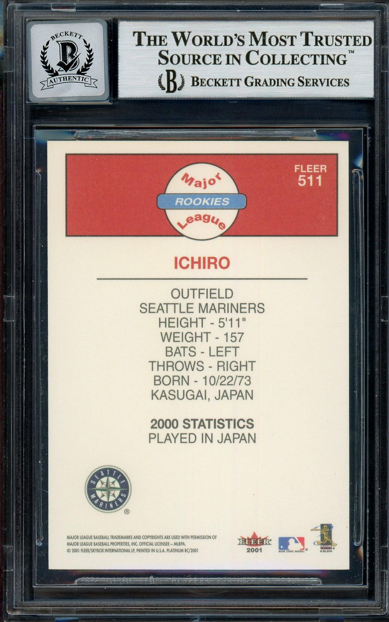 Ichiro Suzuki Autographed 2001 Fleer Platinum Rookie Card #511 Seattle Mariners Auto Grade Gem Mint 10 Beckett BAS #13018312 - Image 2