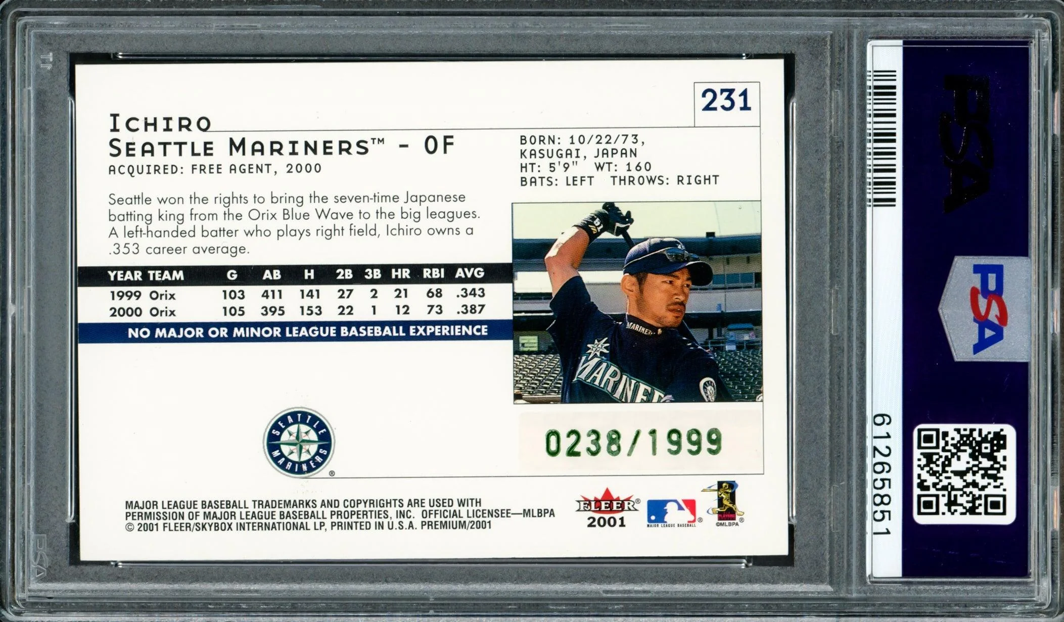 Ichiro Suzuki Autographed 2001 Fleer Premium Rookie Card #231 Seattle Mariners Auto Grade Gem Mint 10 #238/1999 PSA/DNA #61265851 - Image 2