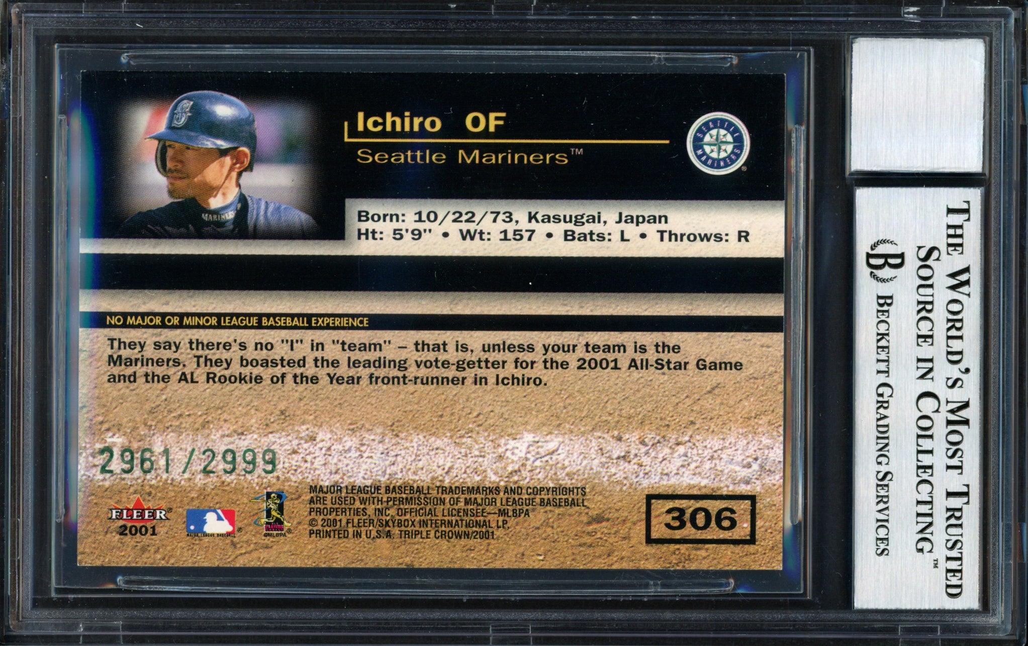 Ichiro Suzuki Autographed 2001 Fleer Triple Crown Rookie Card #306 Seattle Mariners #2961/2999 Auto Grade 10 Beckett BAS #12490896 - Image 2