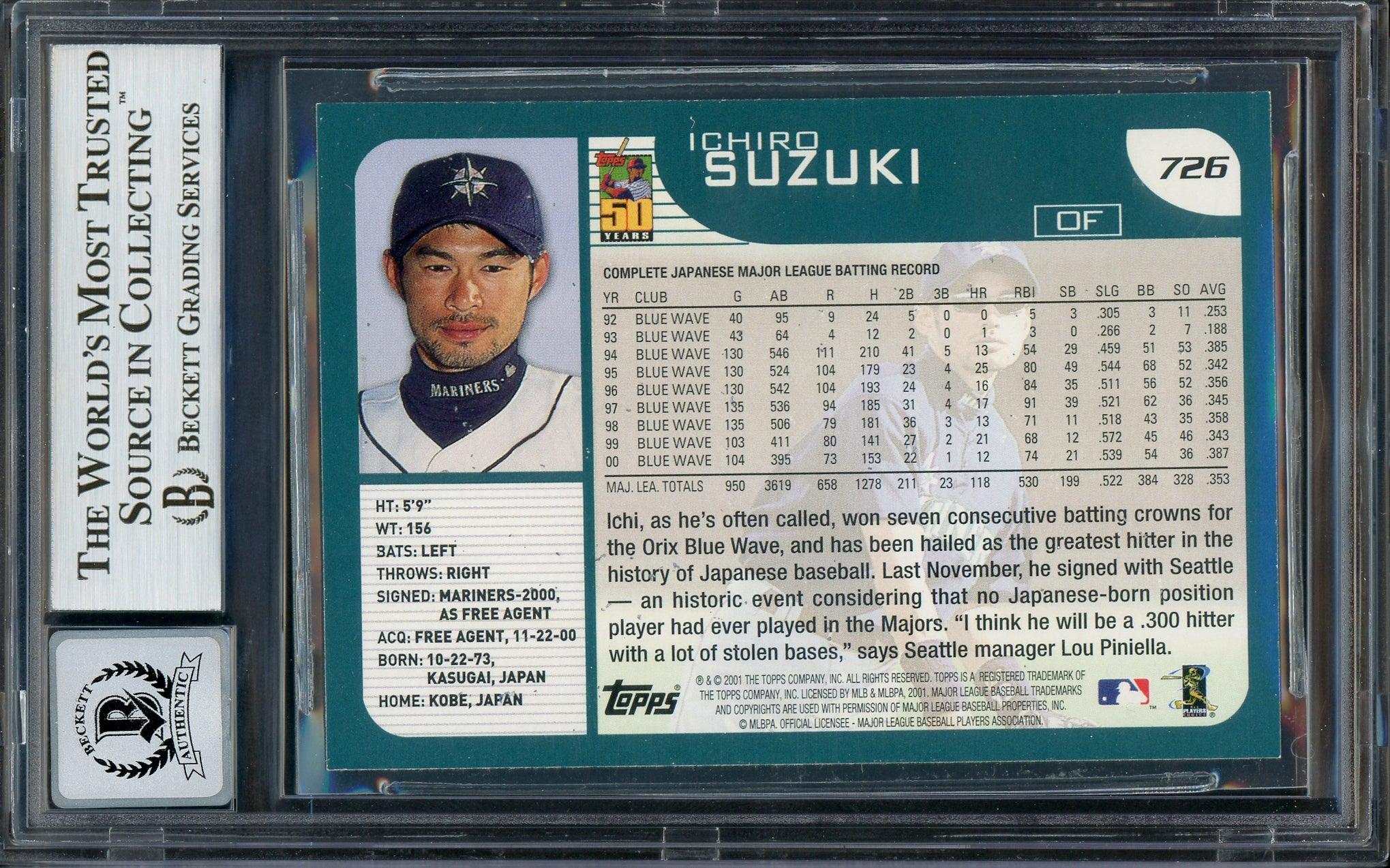 Ichiro Suzuki Autographed 2001 Topps Rookie Card #726 Seattle Mariners Auto Grade Gem Mint 10 (Off Condition) Beckett BAS #13018333 - Image 2