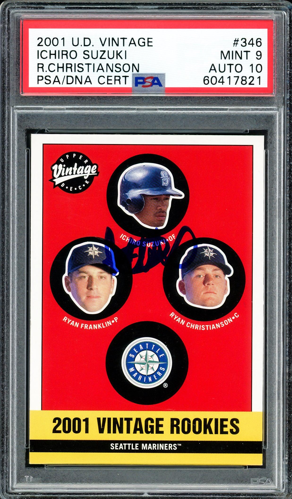Ichiro Suzuki Autographed 2001 UD Vintage Rookie Card #346 Seattle Mariners PSA 9 Auto Grade Gem Mint 10 PSA/DNA Stock #208004