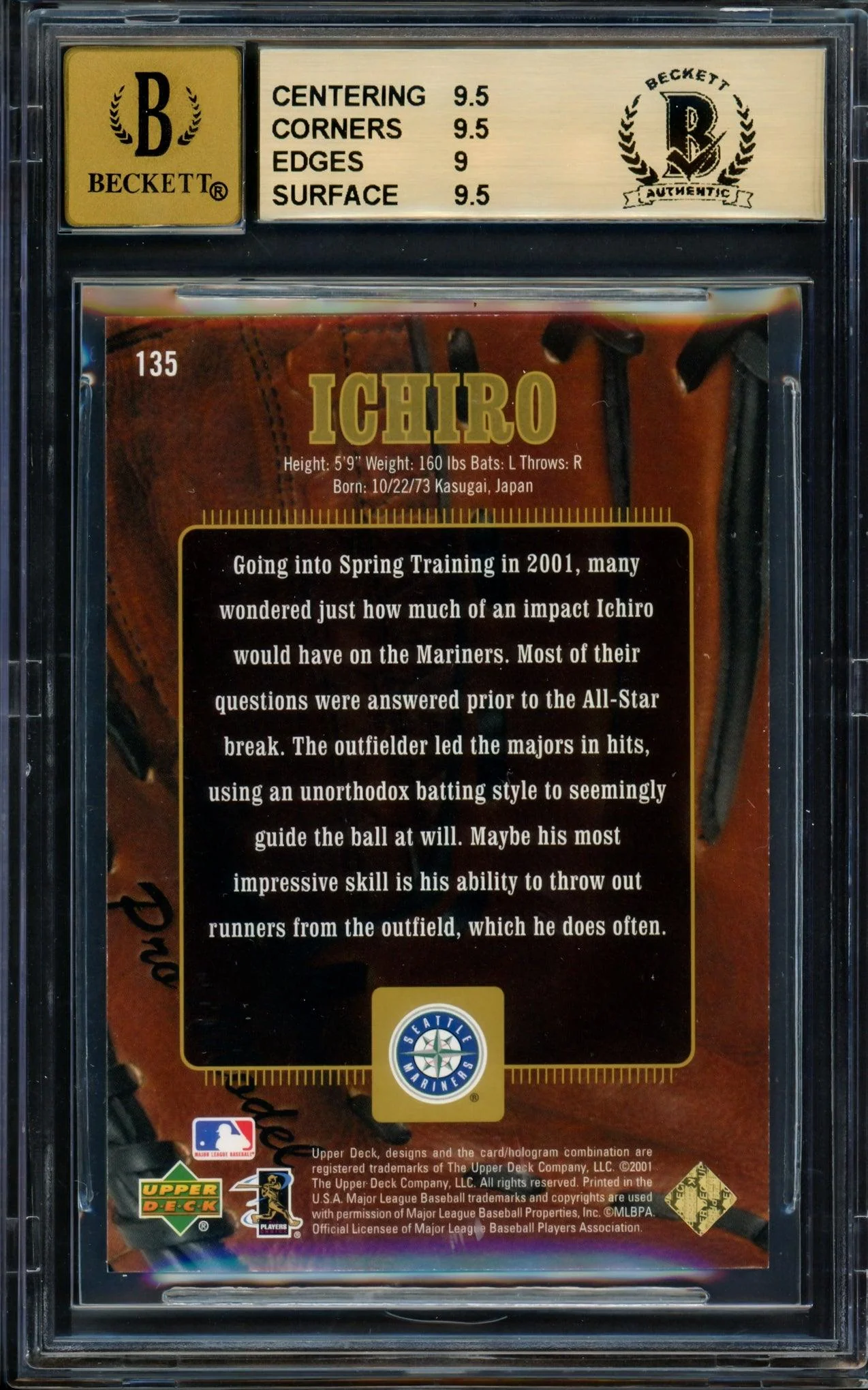 Ichiro Suzuki Autographed 2001 Upper Deck Gold Glove Limited Rookie Card #135 Seattle Mariners BGS 9.5 Auto Grade Gem Mint 10 "01 ROY/MVP" #65/100 Beckett BAS #14323822 - Image 2