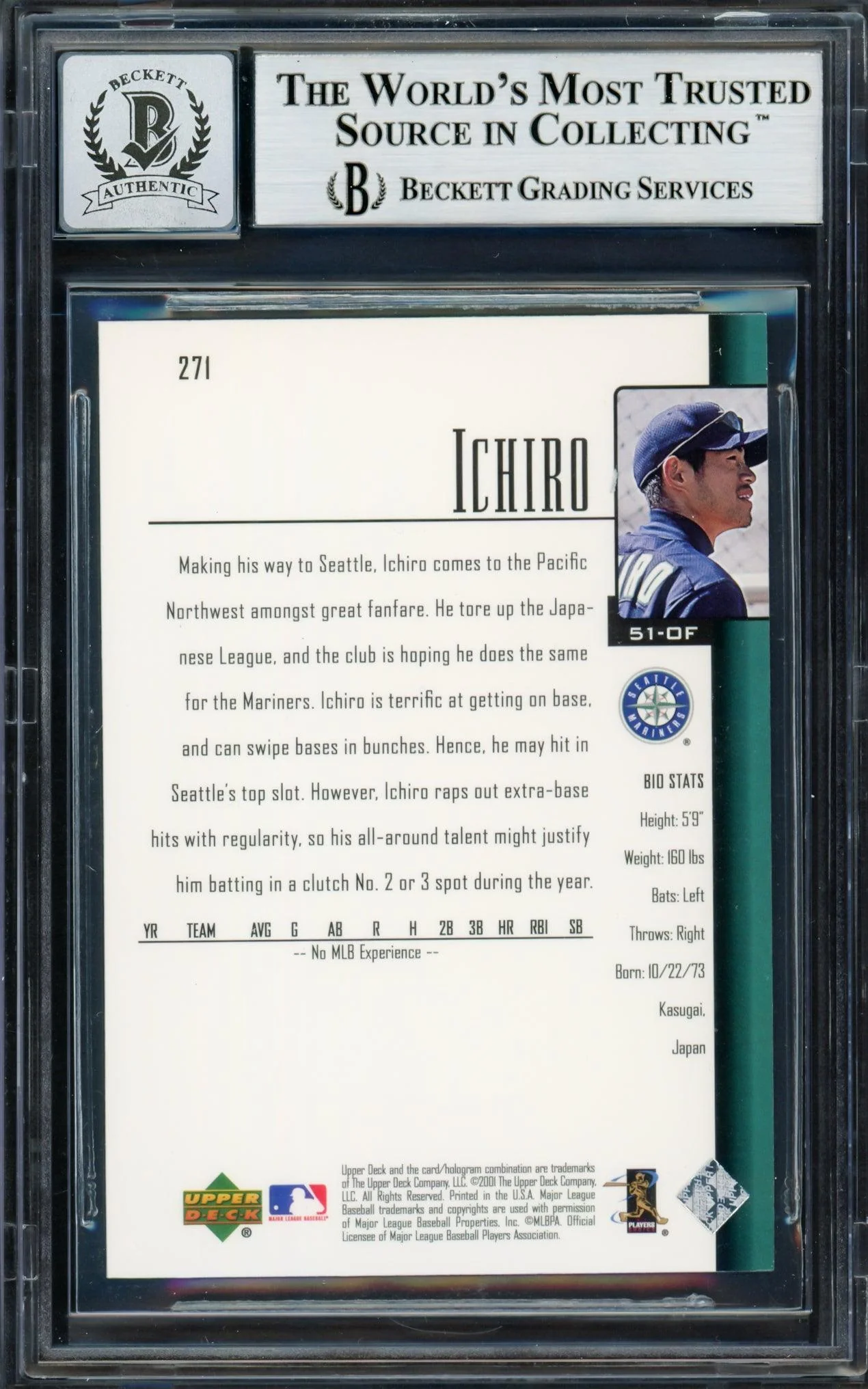 Ichiro Suzuki Autographed 2001 Upper Deck Rookie Card #271 Seattle Mariners Auto Grade Gem Mint 10 (Chipped Bottom) Beckett BAS #14129272 - Image 2