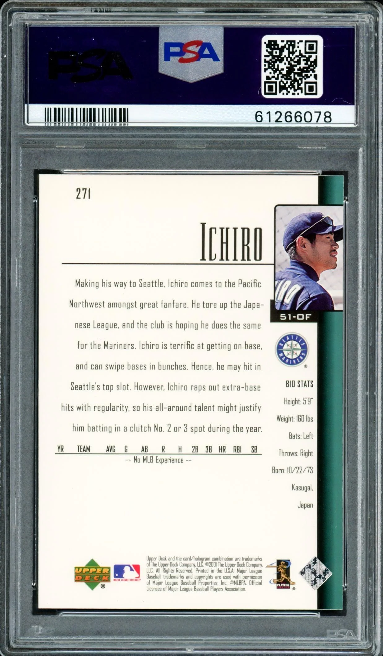 Ichiro Suzuki Autographed 2001 Upper Deck Rookie Card #271 Seattle Mariners PSA 8 Auto Grade Gem Mint 10 PSA/DNA Stock #207365 - Image 2