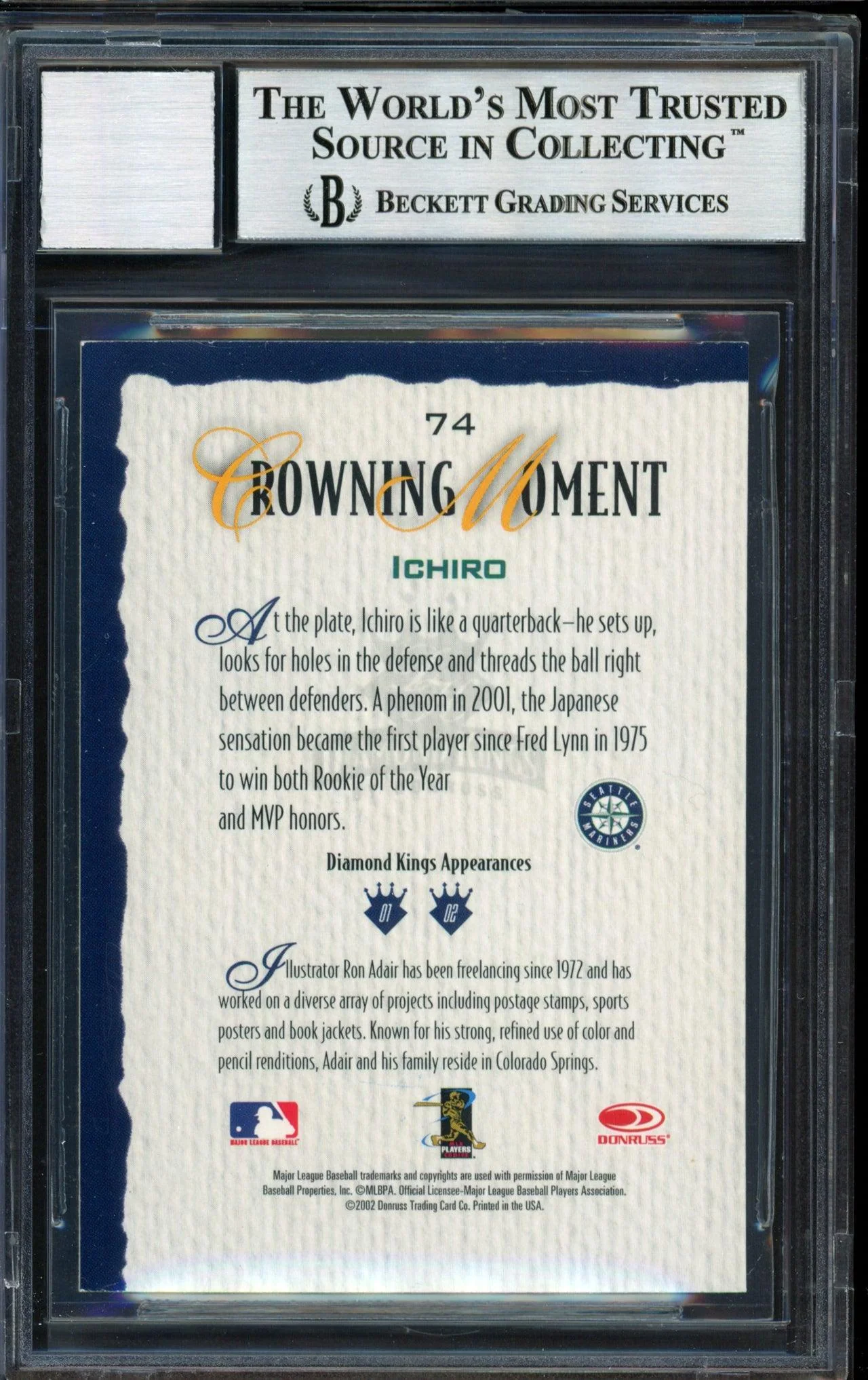 Ichiro Suzuki Autographed 2002 Donruss Diamond Kings Card #74 Seattle Mariners Auto Grade 10 Beckett BAS Stock #182505 - Image 2