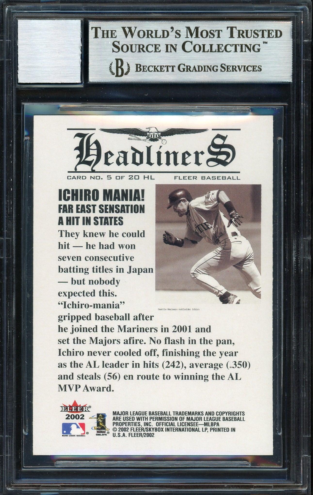 Ichiro Suzuki Autographed 2002 Fleer Headliners Card #5 Seattle Mariners Auto Grade 10 Beckett BAS Stock #189815 - Image 2