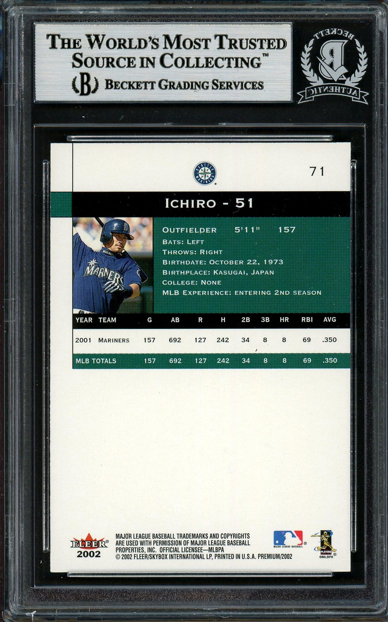 Ichiro Suzuki Autographed 2002 Fleer Premium Card #71 Seattle Mariners Beckett BAS Stock #194215 - Image 2