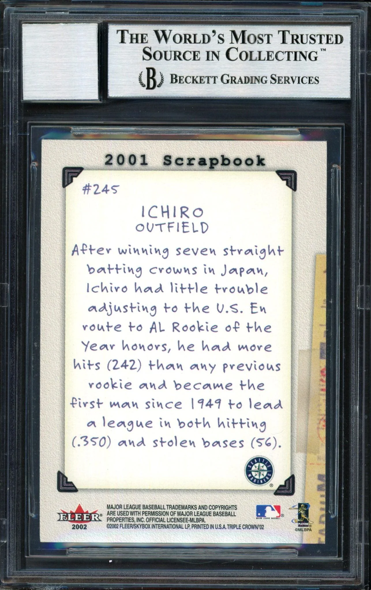 Ichiro Suzuki Autographed 2002 Fleer Triple Crown Scrapbook Card #245 Seattle Mariners Auto Grade 10 Beckett BAS #12491206 - Image 2