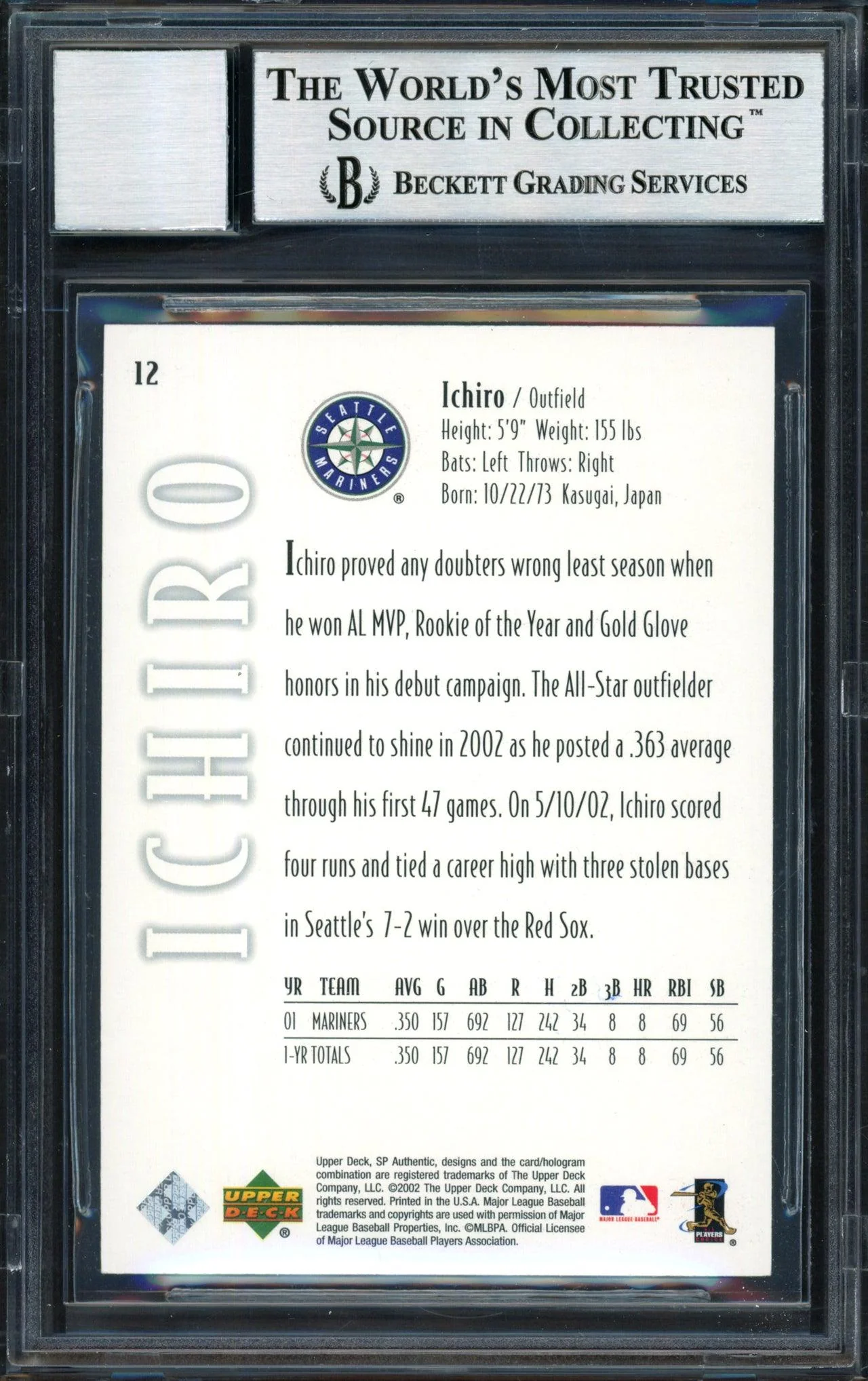 Ichiro Suzuki Autographed 2002 SP Authentic Card #12 Seattle Mariners Auto Grade 10 Beckett BAS #12491039 - Image 2