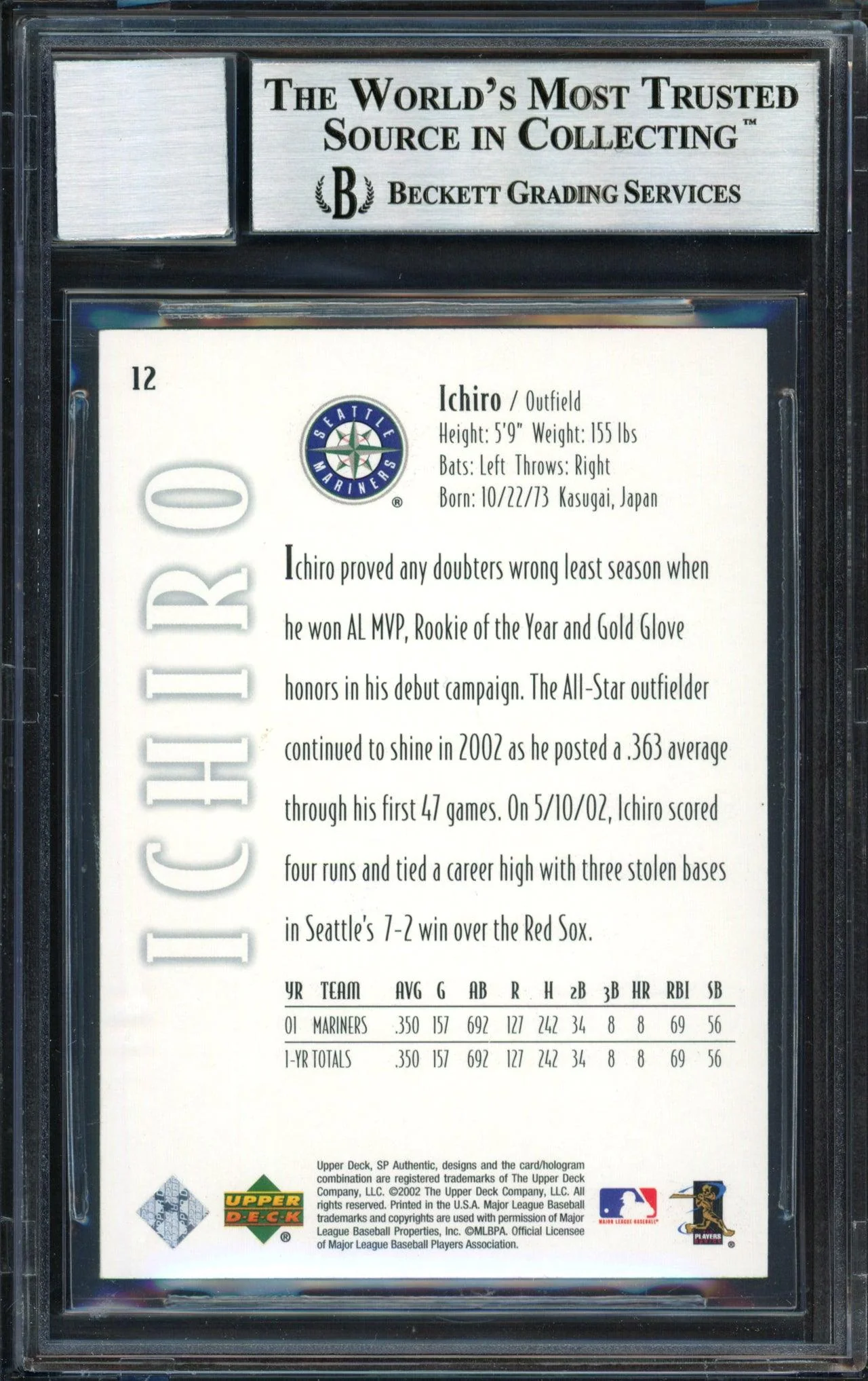 Ichiro Suzuki Autographed 2002 SP Authentic Card #12 Seattle Mariners Auto Grade 10 Beckett BAS #12491040 - Image 2