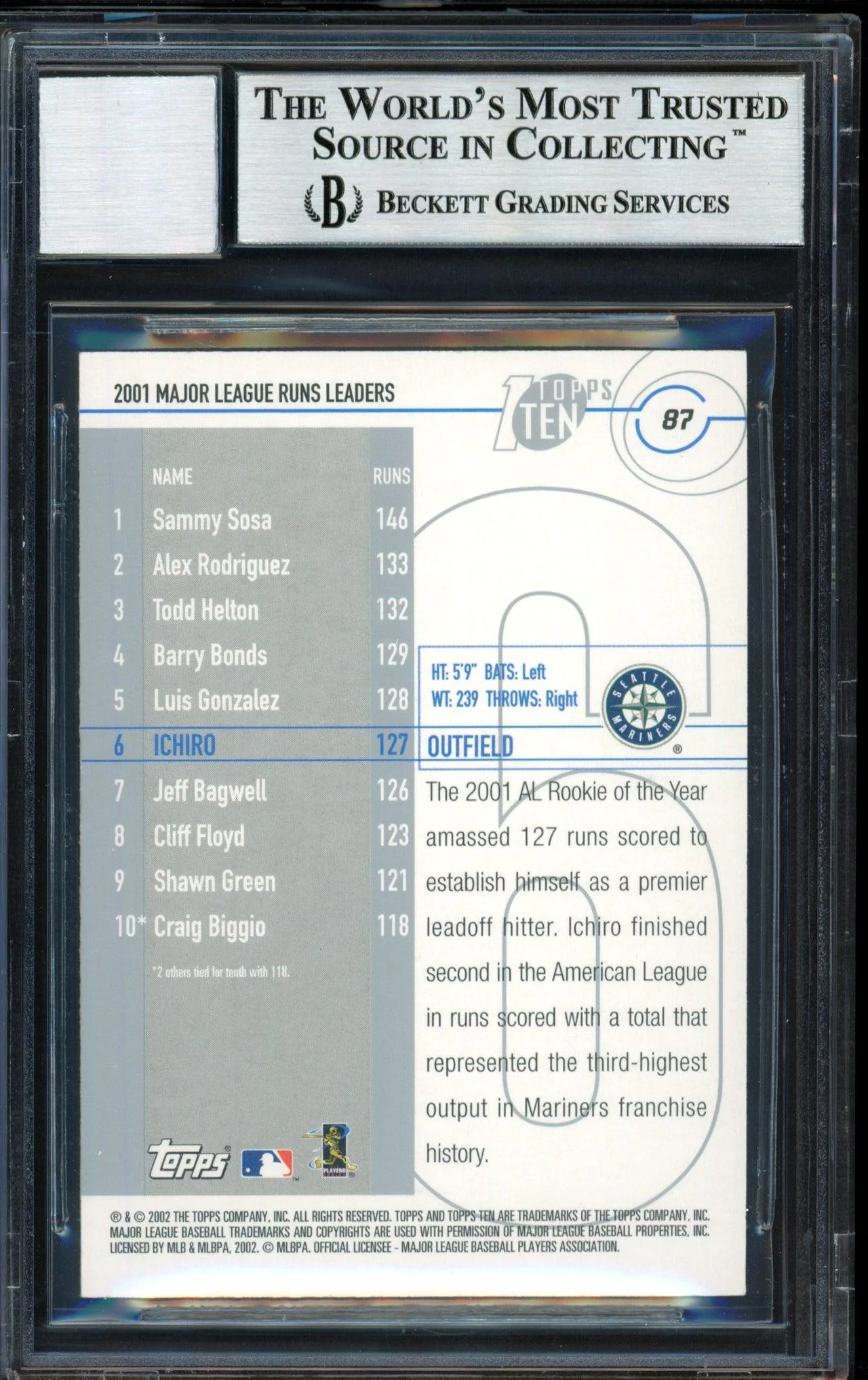 Ichiro Suzuki Autographed 2002 Topps Ten Card #87 Seattle Mariners Auto Grade 10 Beckett BAS #12491158 - Image 2