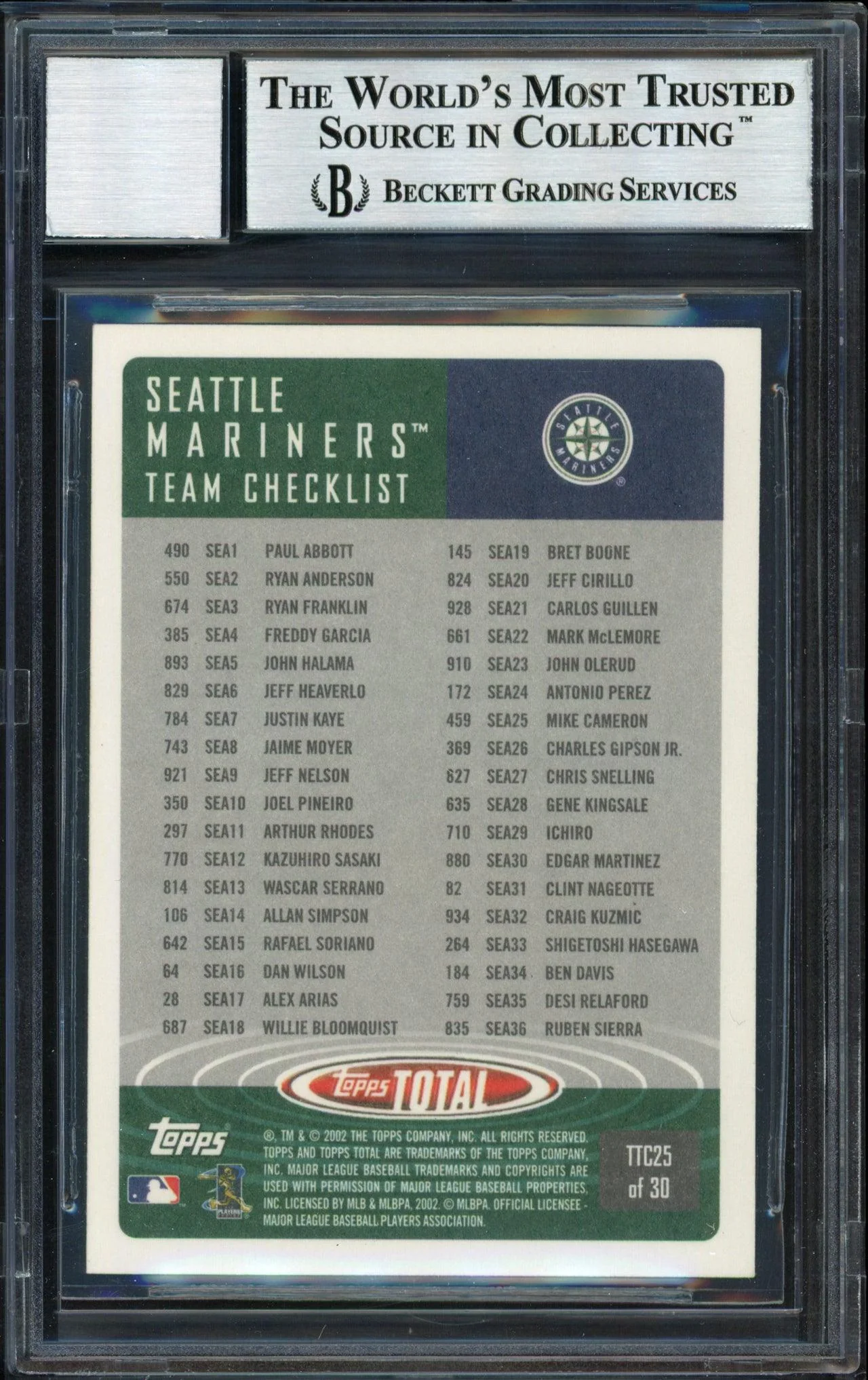 Ichiro Suzuki Autographed 2002 Topps Total Card #25 Seattle Mariners Auto Grade 10 Beckett BAS #12491006 - Image 2