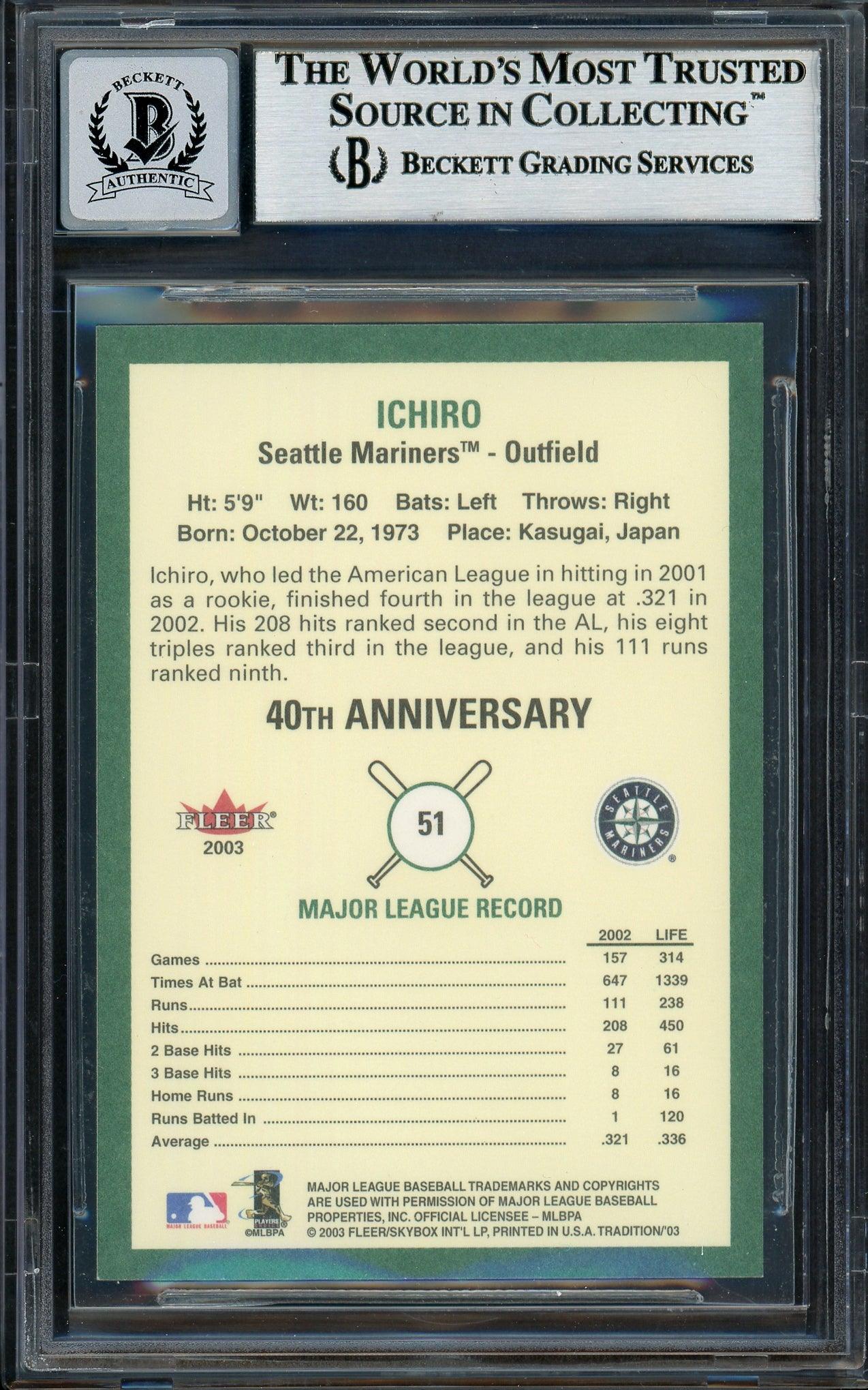 Ichiro Suzuki Autographed 2003 Fleer Tradition Card #51 Seattle Mariners Auto Grade Gem Mint 10 Beckett BAS #12786401 - Image 2