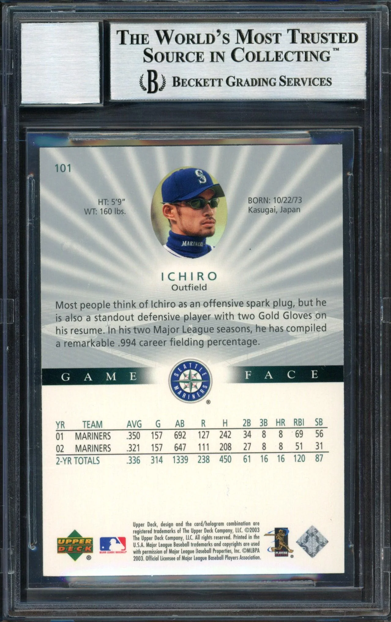 Ichiro Suzuki Autographed 2003 Upper Deck Game Face Card #101 Seattle Mariners Auto Grade 10 Beckett BAS #12491336 - Image 2