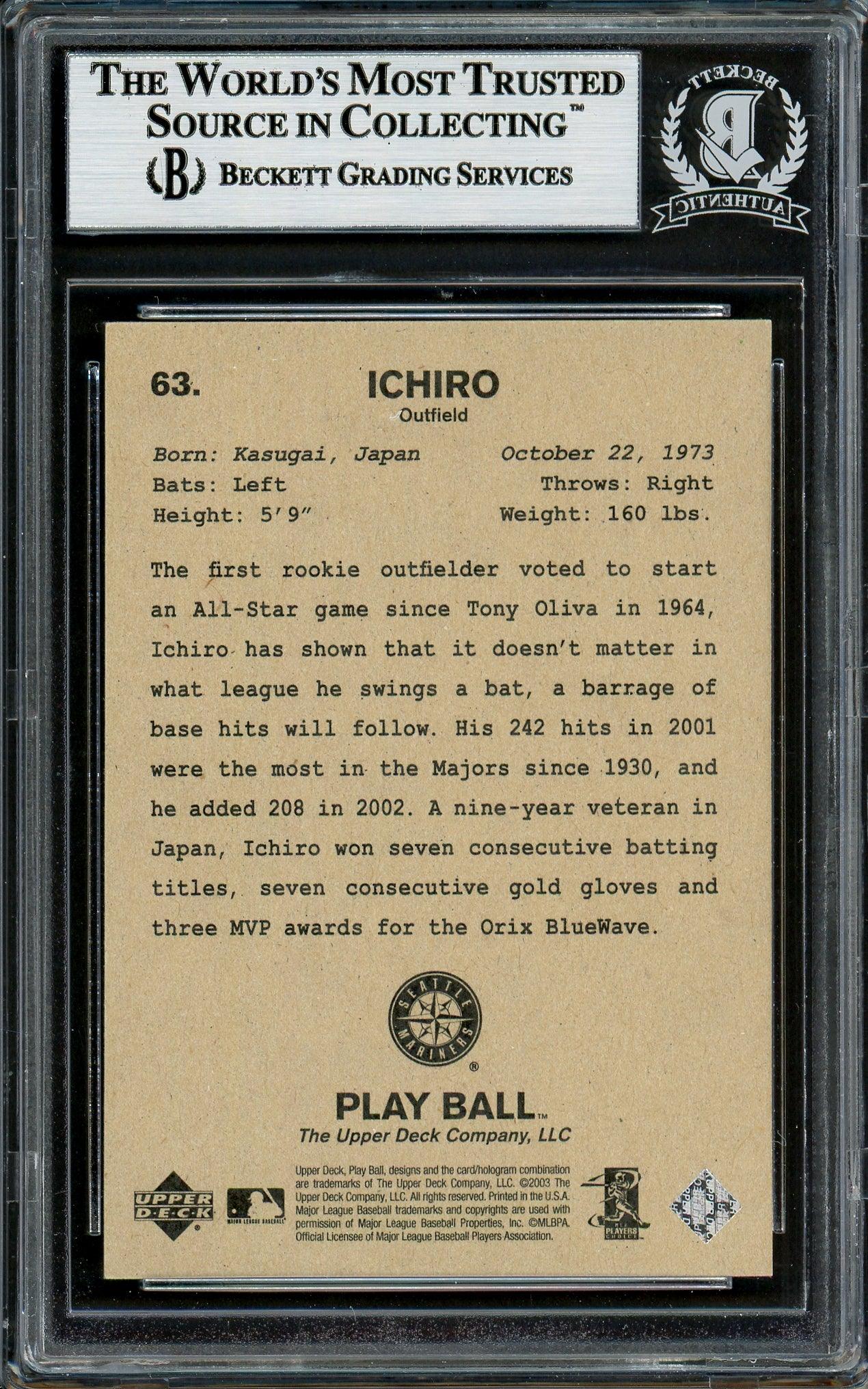 Ichiro Suzuki Autographed 2003 Upper Deck Play Ball Card #63 Seattle Mariners Beckett BAS Stock #194256 - Image 2