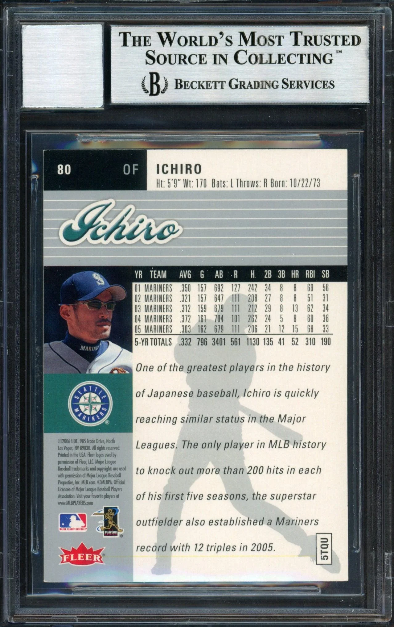 Ichiro Suzuki Autographed 2006 Fleer Ultra Card #80 Seattle Mariners Auto Grade 10 Beckett BAS #12491454 - Image 2