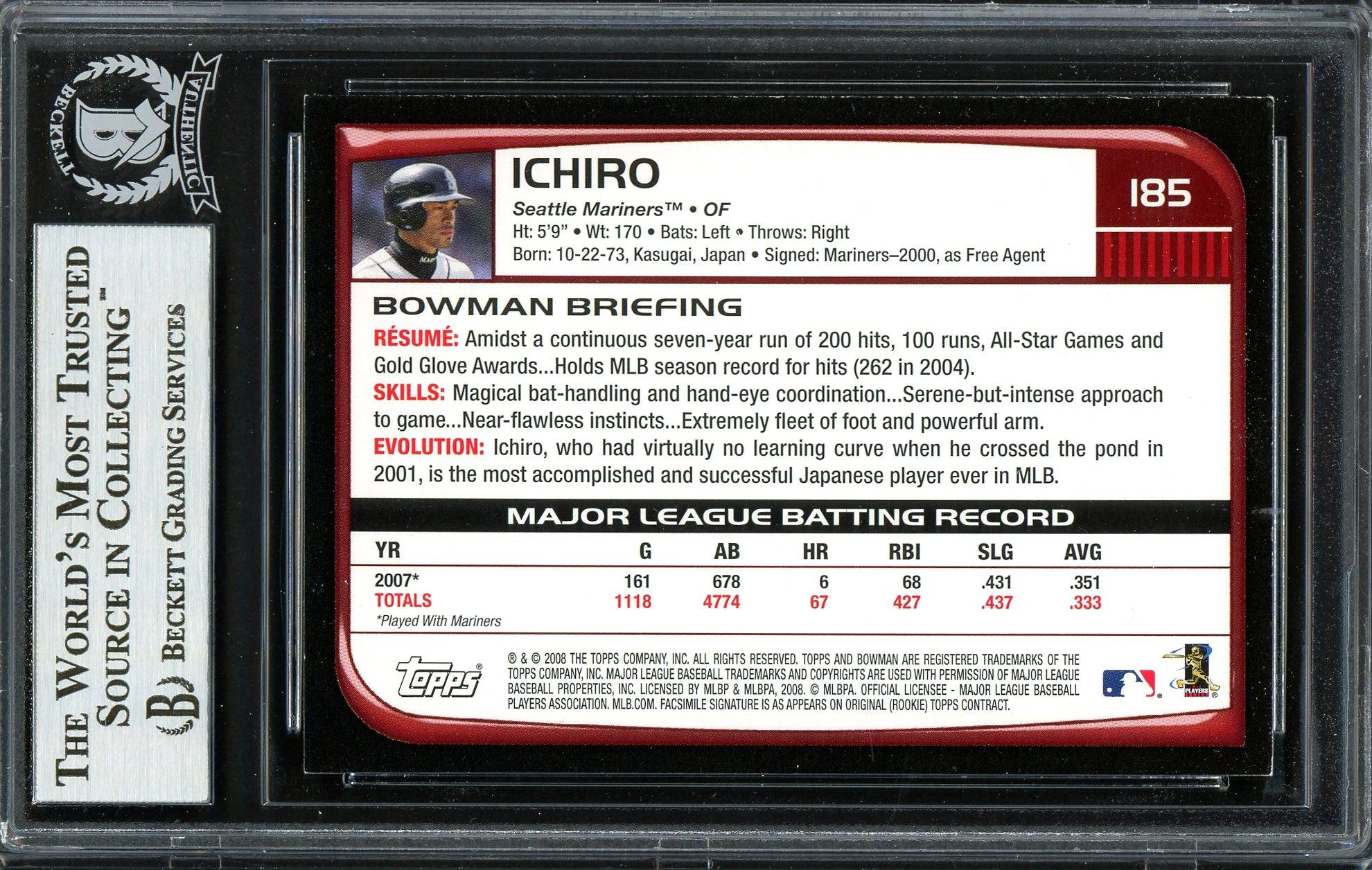 Ichiro Suzuki Autographed 2008 Bowman Card #185 Seattle Mariners Beckett BAS #12668912 - Image 2