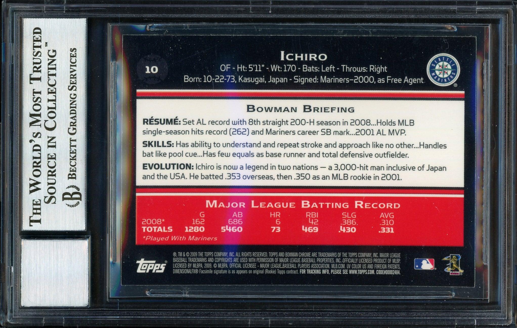 Ichiro Suzuki Autographed 2009 Bowman Chrome Card #10 Seattle Mariners Auto Grade 10 Beckett BAS #12669690 - Image 2