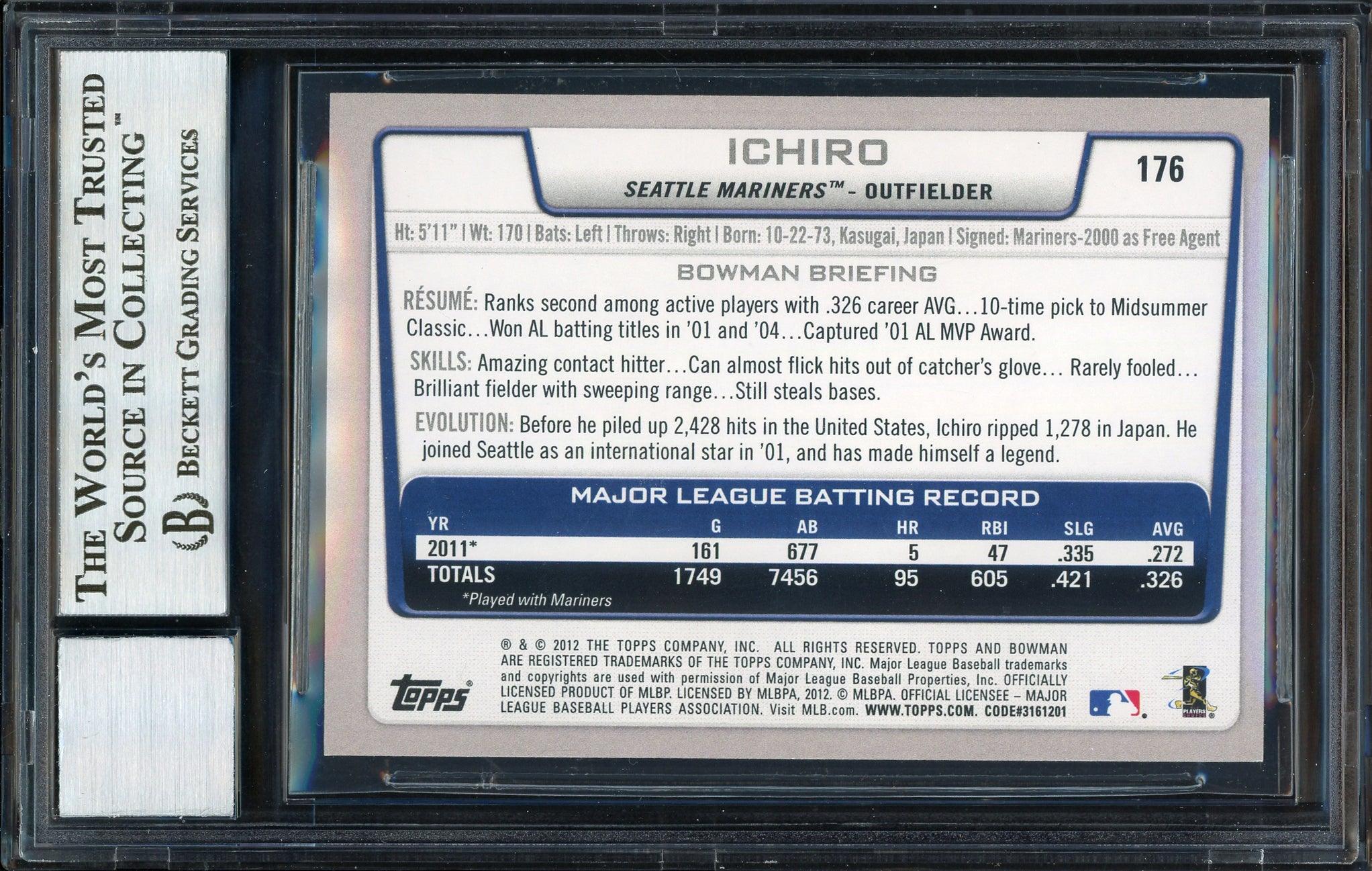 Ichiro Suzuki Autographed 2012 Bowman Gold Card #176 Seattle Mariners Auto Grade 10 Beckett BAS #12669905 - Image 2