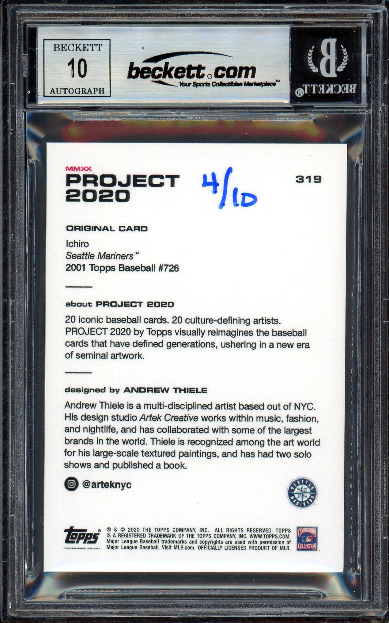 Ichiro Suzuki Autographed Topps Project 2020 Andrew Thiele Card #319 Seattle Mariners Auto Grade Gem Mint 10 Blue #/10 Beckett BAS Stock #201042 - Image 2