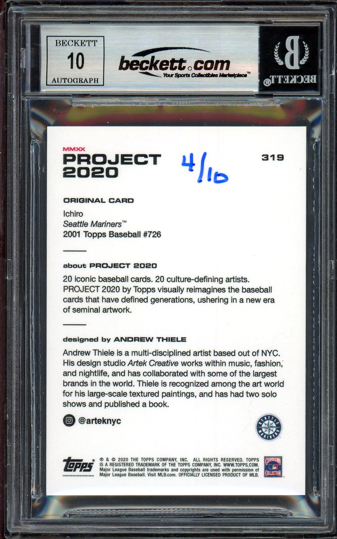Ichiro Suzuki Autographed Topps Project 2020 Andrew Thiele Card #319 Seattle Mariners Auto Grade Gem Mint 10 Lime Green #/10 Beckett BAS Stock #201043 - Image 2