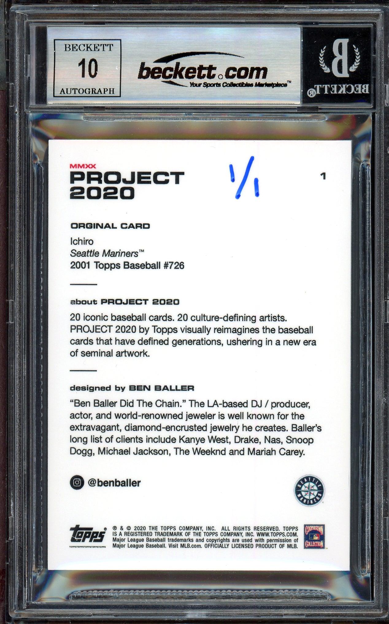 Ichiro Suzuki Autographed Topps Project 2020 Ben Baller Card #1 Seattle Mariners Auto Grade Gem Mint 10 "10X GG" Silver #1/1 Beckett BAS #13713425 - Image 2