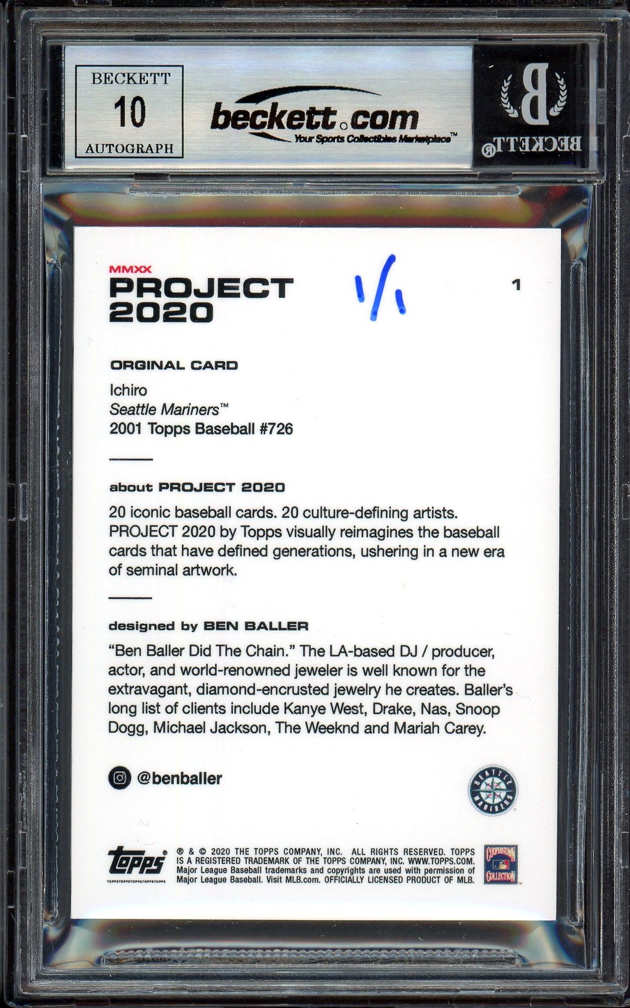 Ichiro Suzuki Autographed Topps Project 2020 Ben Baller Card #1 Seattle Mariners Auto Grade Gem Mint 10 "509 SB" Silver #1/1 Beckett BAS #13713423 - Image 2