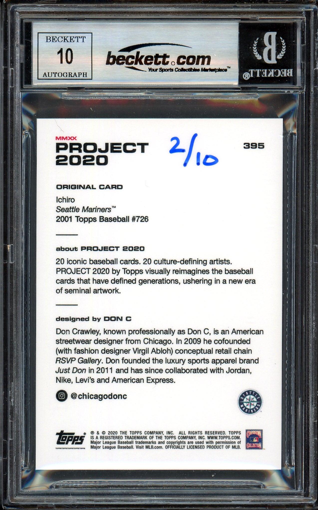 Ichiro Suzuki Autographed Topps Project 2020 Don C Card #395 Seattle Mariners Auto Grade Gem Mint 10 Blue #/10 Beckett BAS Stock #201056 - Image 2
