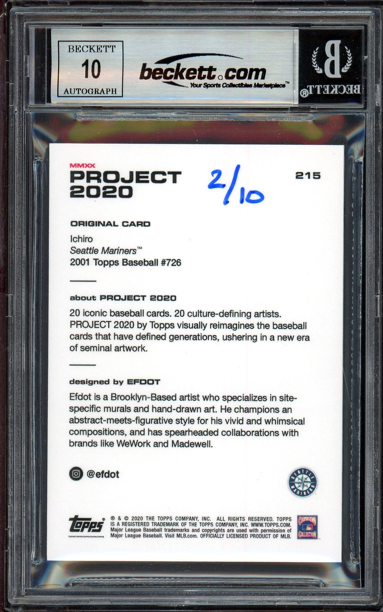 Ichiro Suzuki Autographed Topps Project 2020 Efdot Card #215 Seattle Mariners Auto Grade Gem Mint 10 Blue #/10 Beckett BAS Stock #201003 - Image 2
