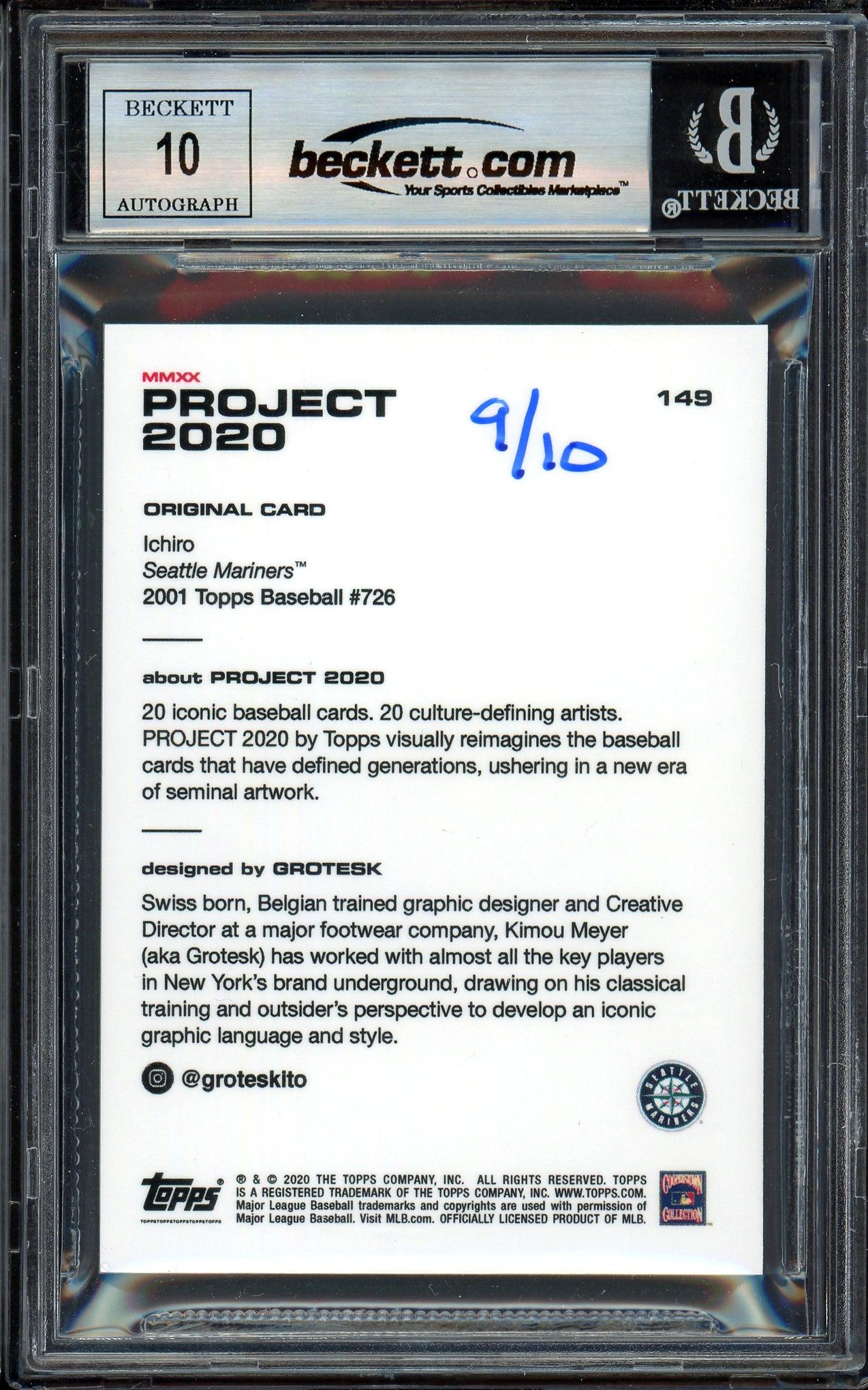 Ichiro Suzuki Autographed Topps Project 2020 Grotesk Card #149 Seattle Mariners Auto Grade Gem Mint 10 Lime Green #/10 Beckett BAS Stock #200976 - Image 2