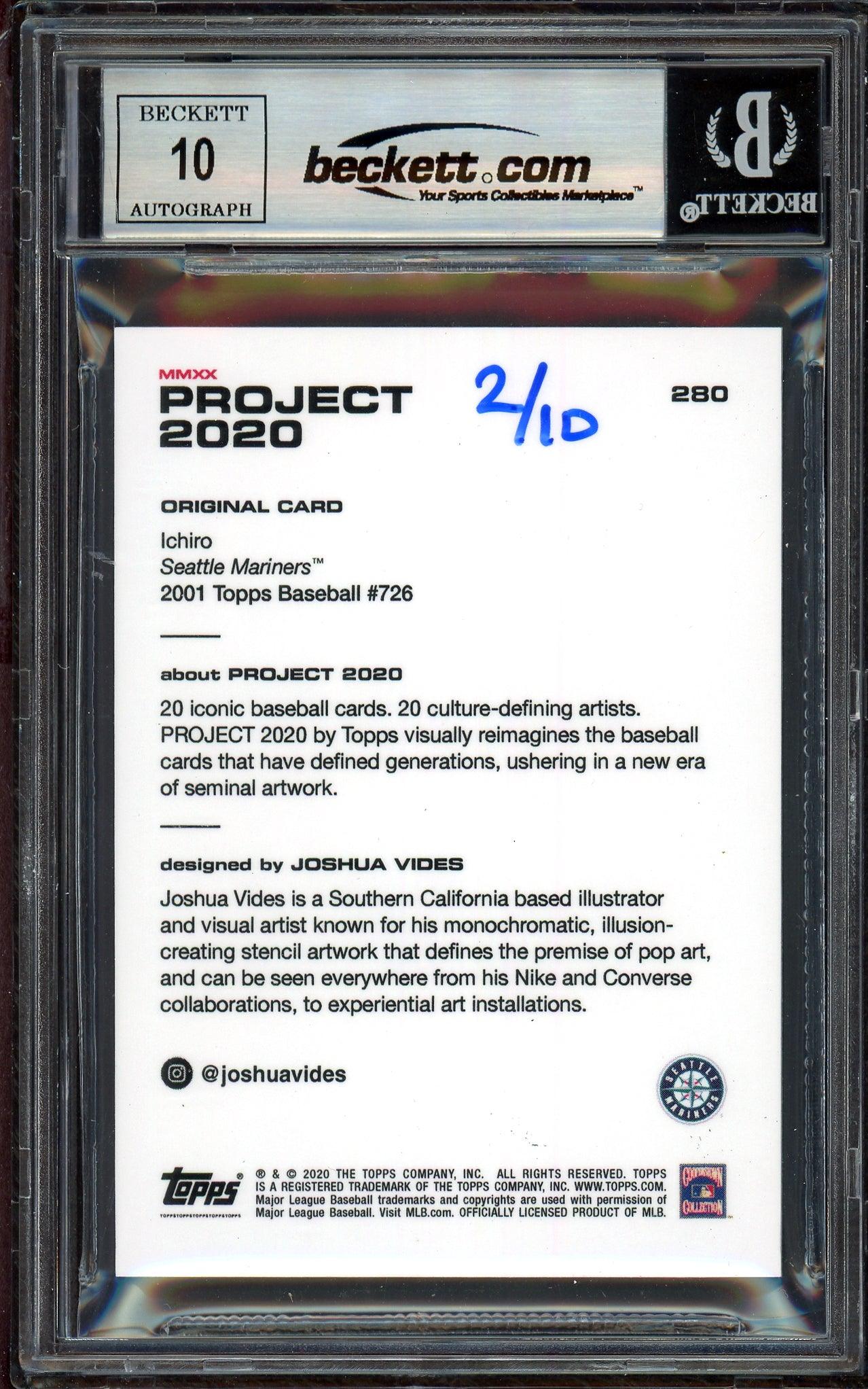 Ichiro Suzuki Autographed Topps Project 2020 Joshua Vides Card #280 Seattle Mariners Auto Grade Gem Mint 10 Black #/10 Beckett BAS Stock #201027 - Image 2