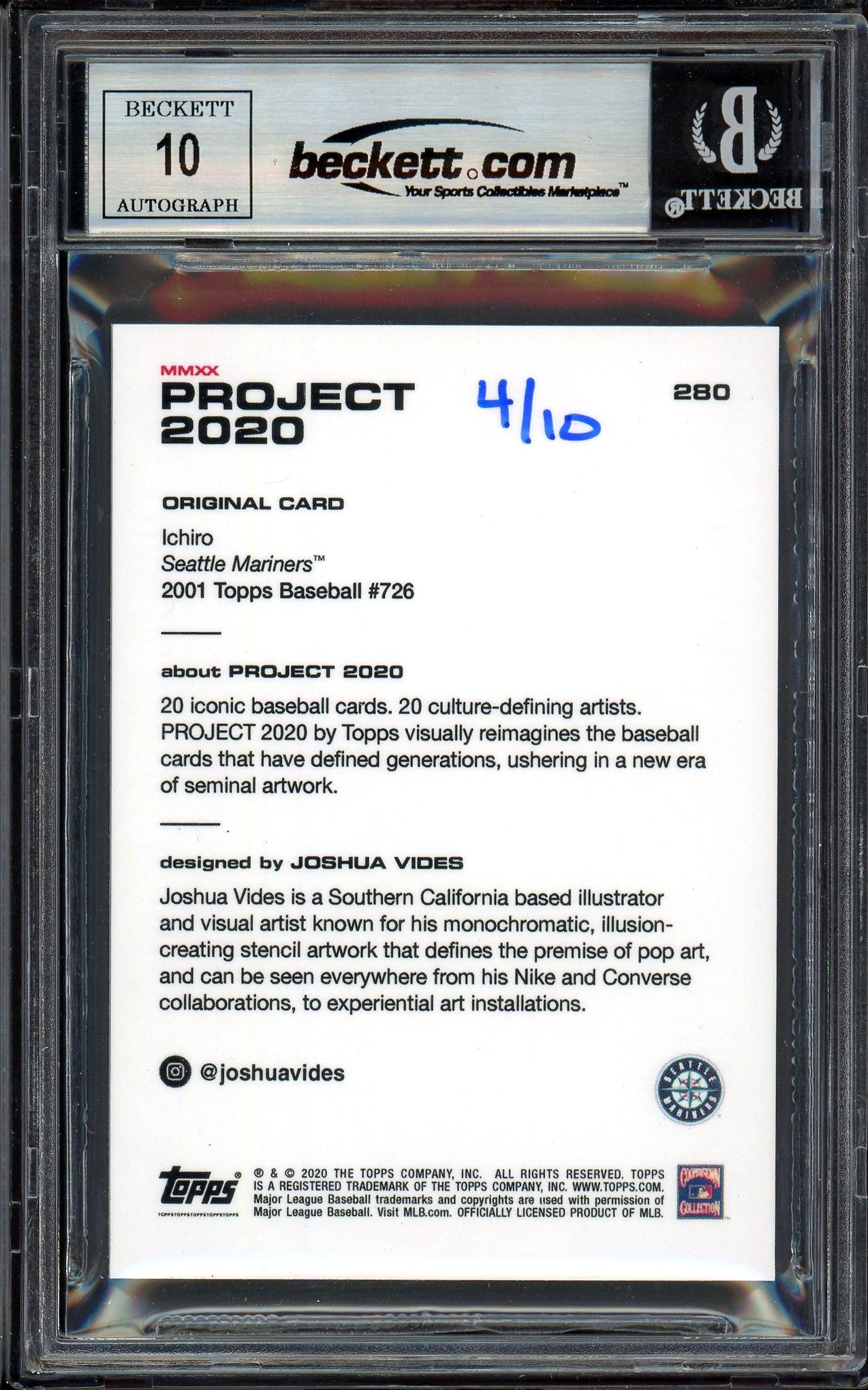 Ichiro Suzuki Autographed Topps Project 2020 Joshua Vides Card #280 Seattle Mariners Auto Grade Gem Mint 10 Teal #/10 Beckett BAS Stock #201028 - Image 2