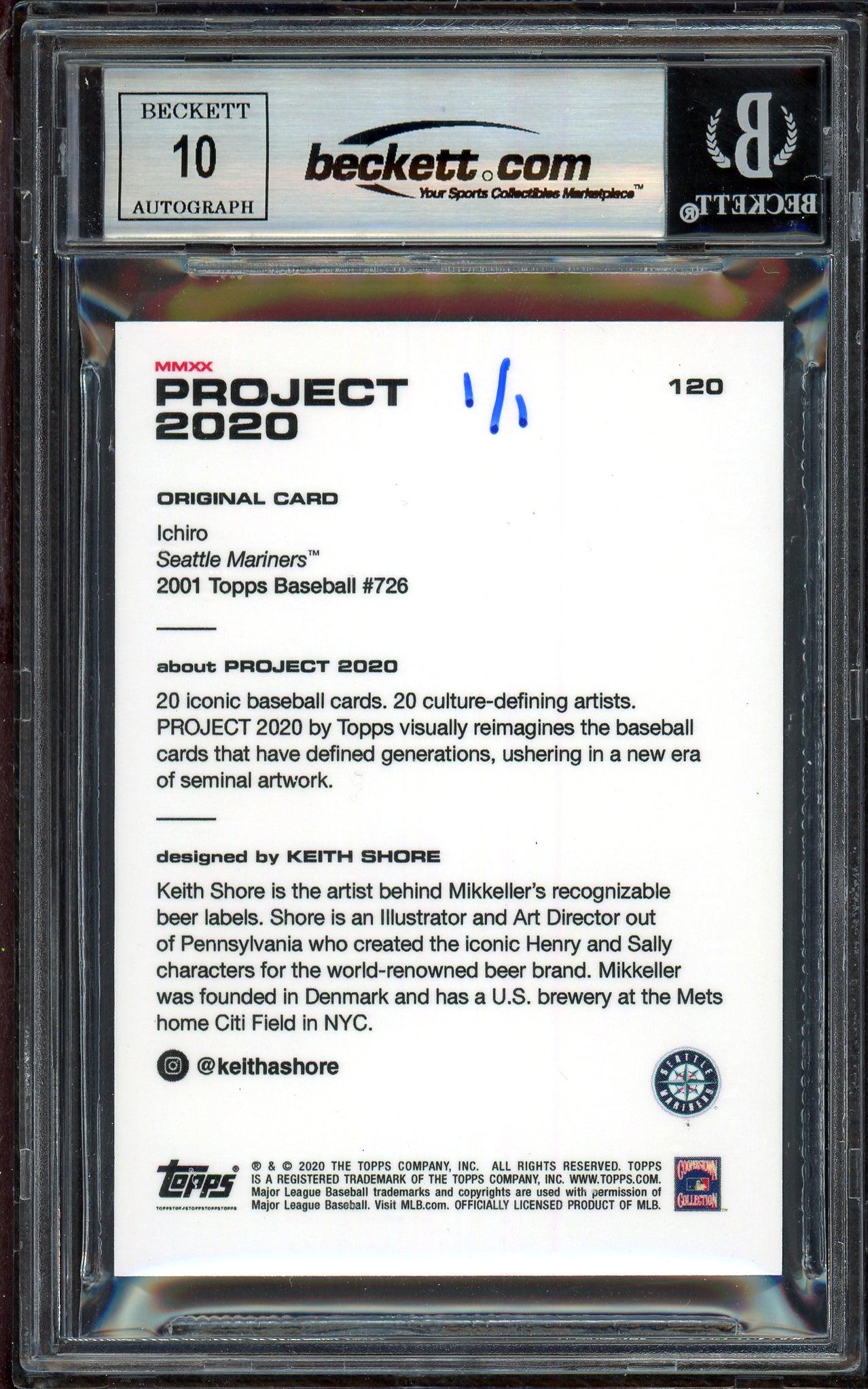 Ichiro Suzuki Autographed Topps Project 2020 Keith Shore Card #120 Seattle Mariners Auto Grade Gem Mint 10 "01 ROY/MVP" Blue #1/1 Beckett BAS #13712602 - Image 2