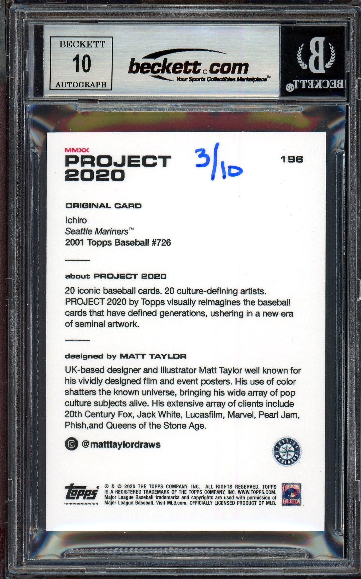 Ichiro Suzuki Autographed Topps Project 2020 Matt Taylor Card #196 Seattle Mariners Auto Grade Gem Mint 10 Gold #/10 Beckett BAS Stock #201001 - Image 2