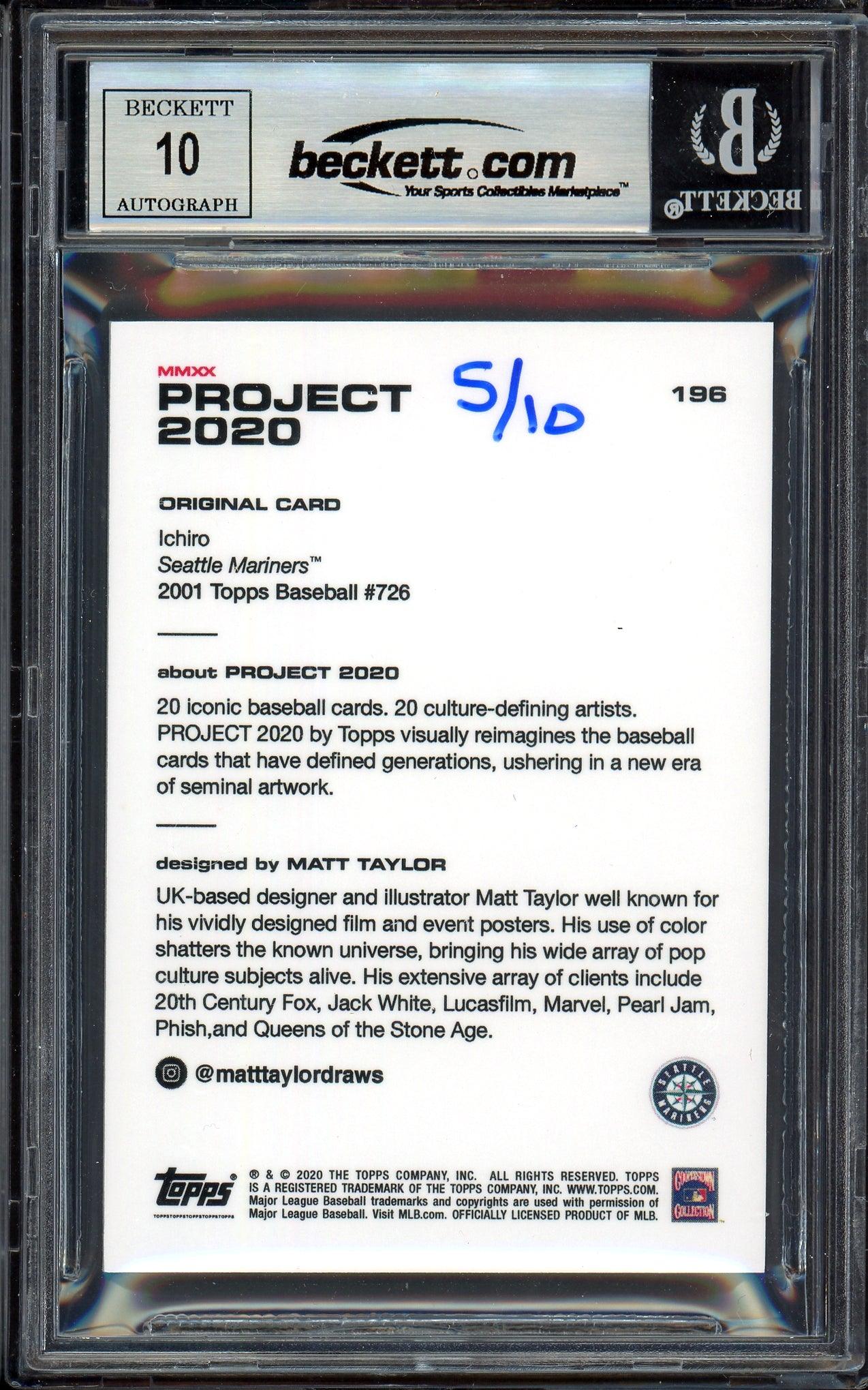 Ichiro Suzuki Autographed Topps Project 2020 Matt Taylor Card #196 Seattle Mariners Auto Grade Gem Mint 10 Teal #/10 Beckett BAS Stock #201000 - Image 2