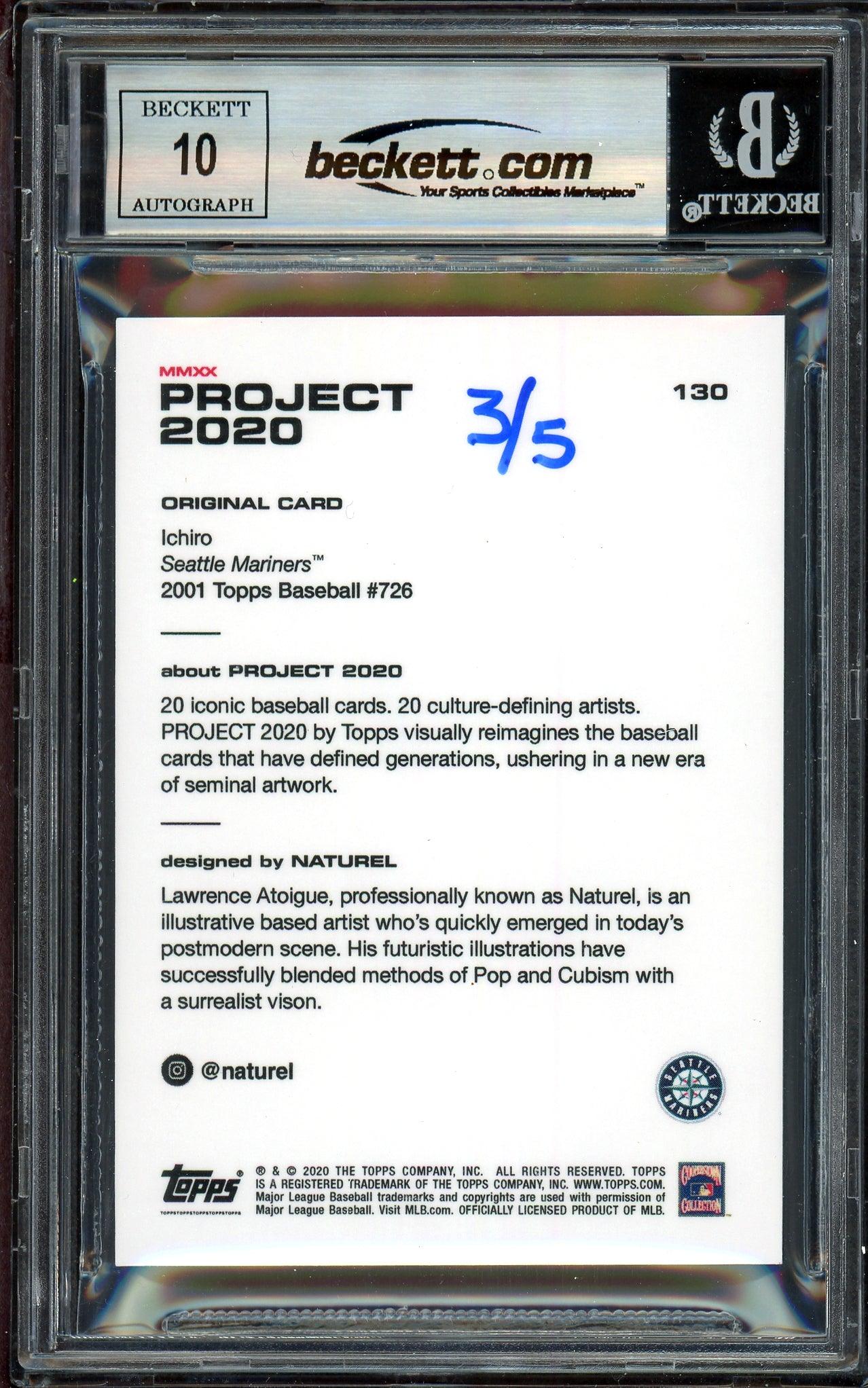 Ichiro Suzuki Autographed Topps Project 2020 Naturel Card #130 Seattle Mariners Auto Grade Gem Mint 10 Black #3/5 Beckett BAS #13712651 - Image 2