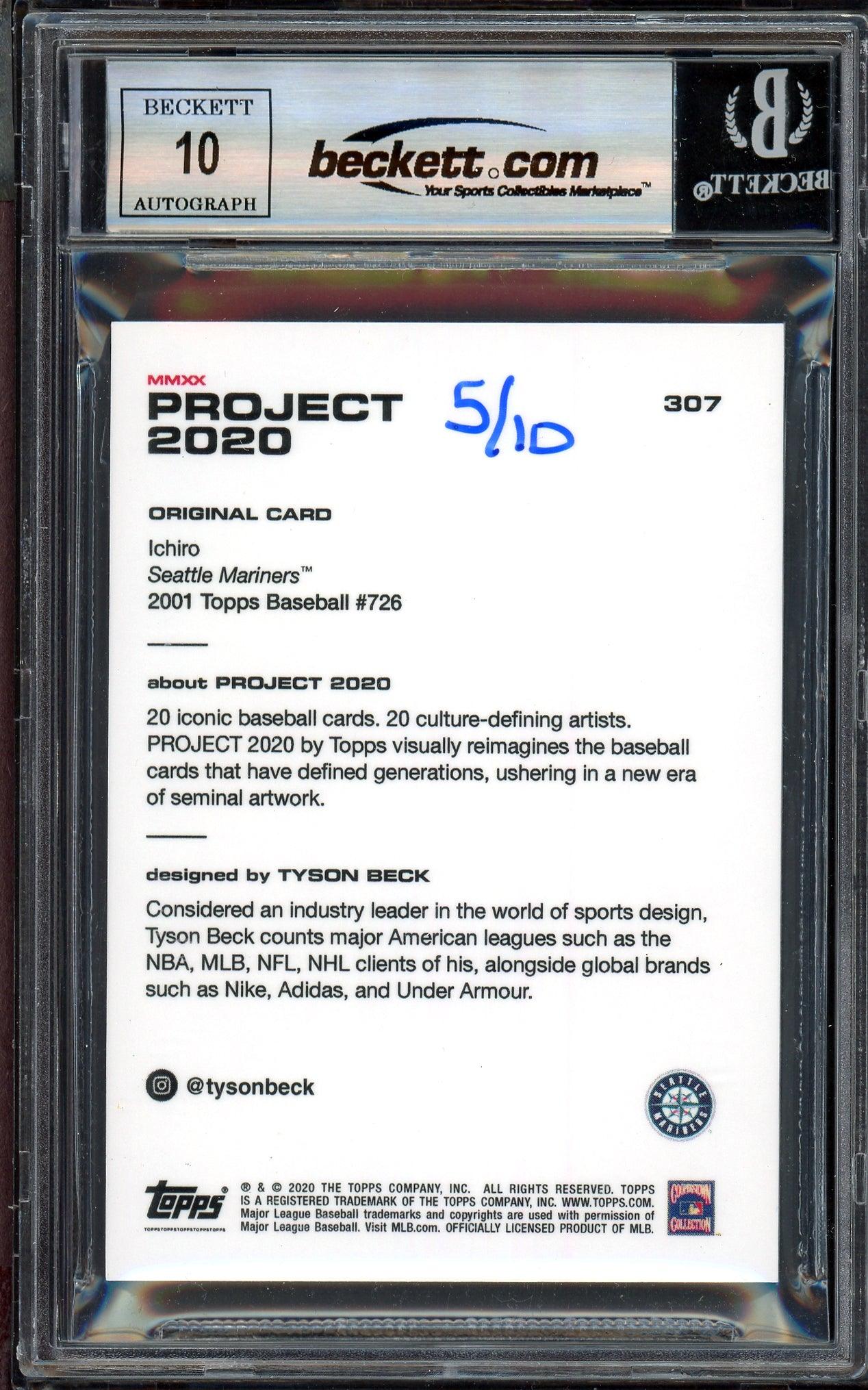 Ichiro Suzuki Autographed Topps Project 2020 Tyson Beck Card #307 Seattle Mariners Auto Grade Gem Mint 10 Black #/10 Beckett BAS Stock #201033 - Image 2